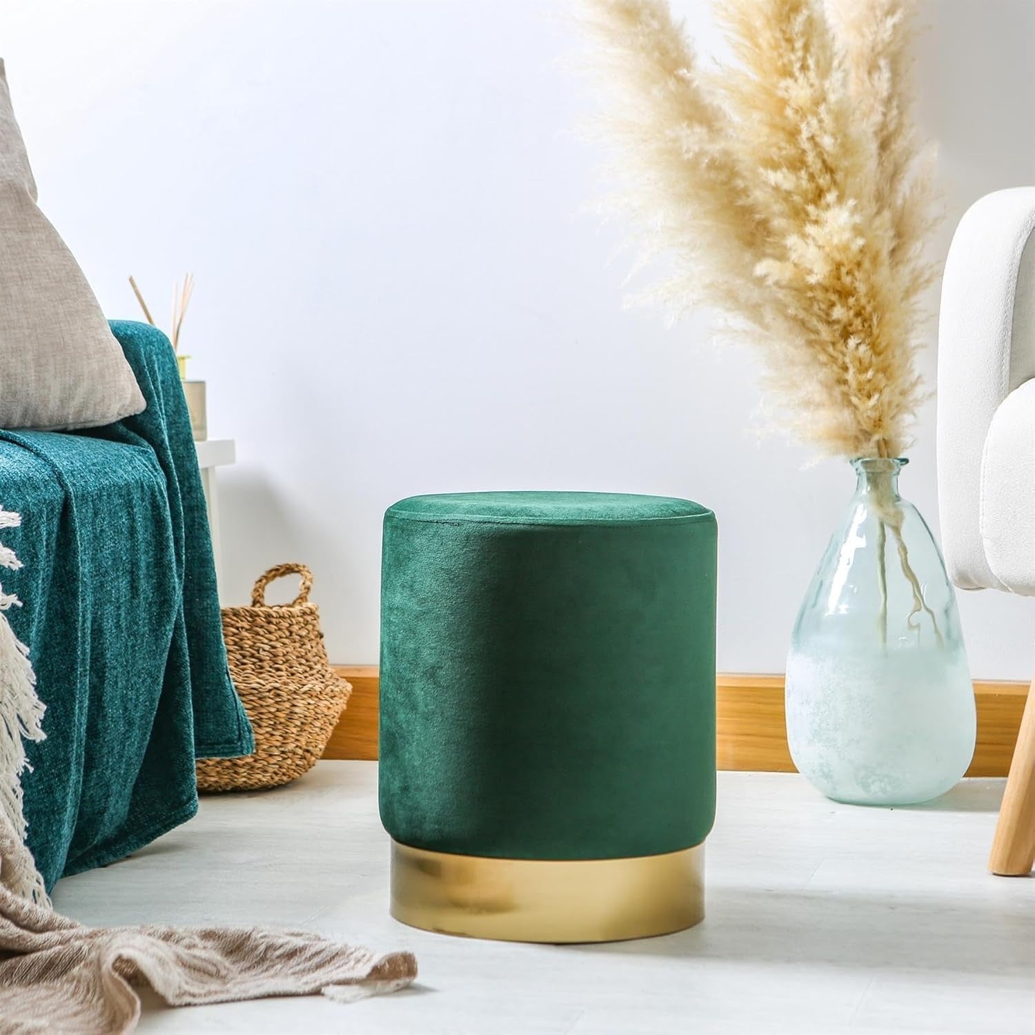 Green Velvet Round Pouffe Footstool Modern Accent Seat 29x36cm