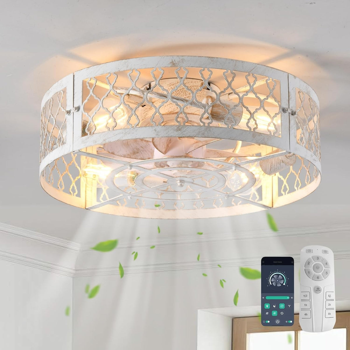 50cm Industrial Ceiling Fan Light, White Caged, 4 Lights, Remote Control