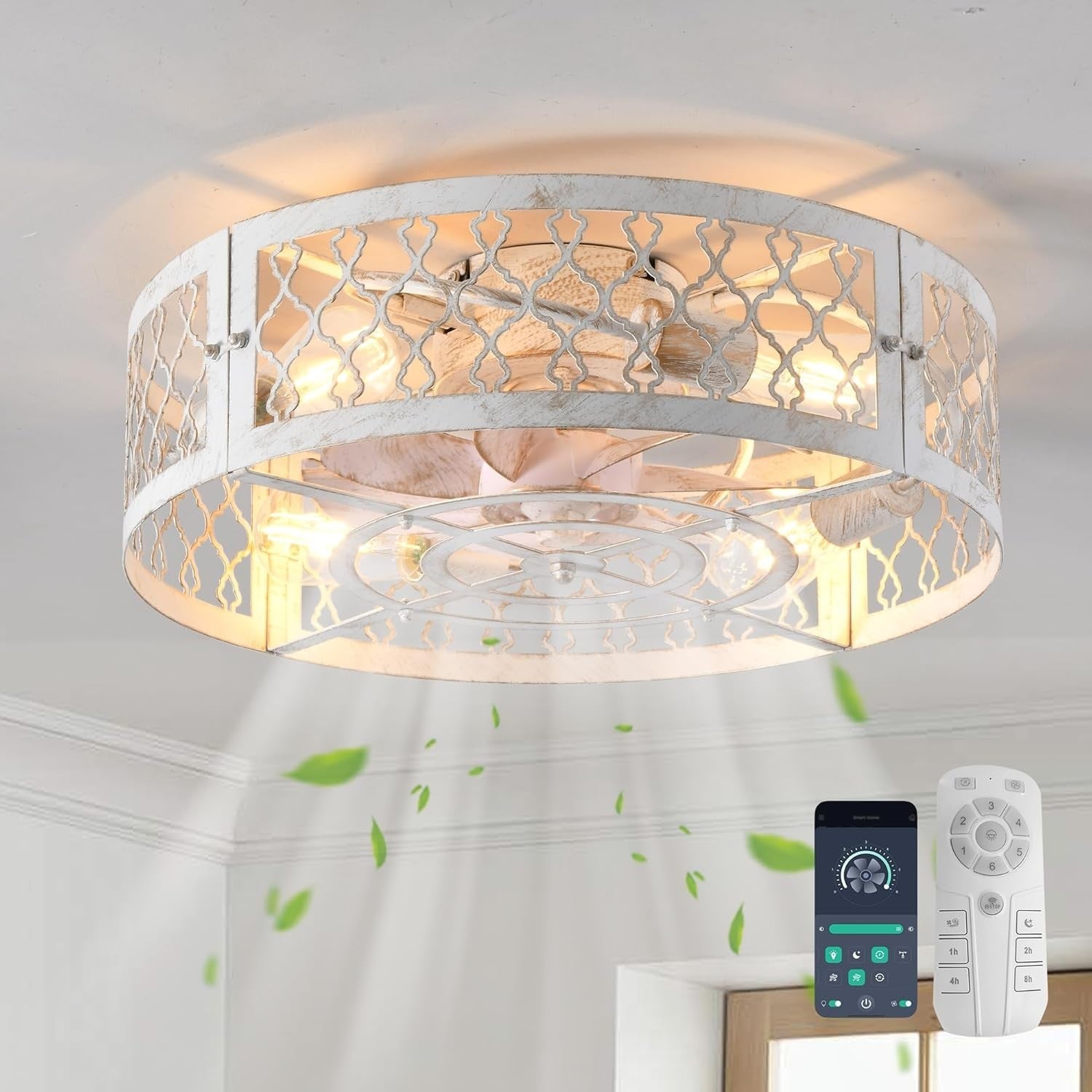 50cm Industrial Ceiling Fan Light, White Caged, 4 Lights, Remote Control
