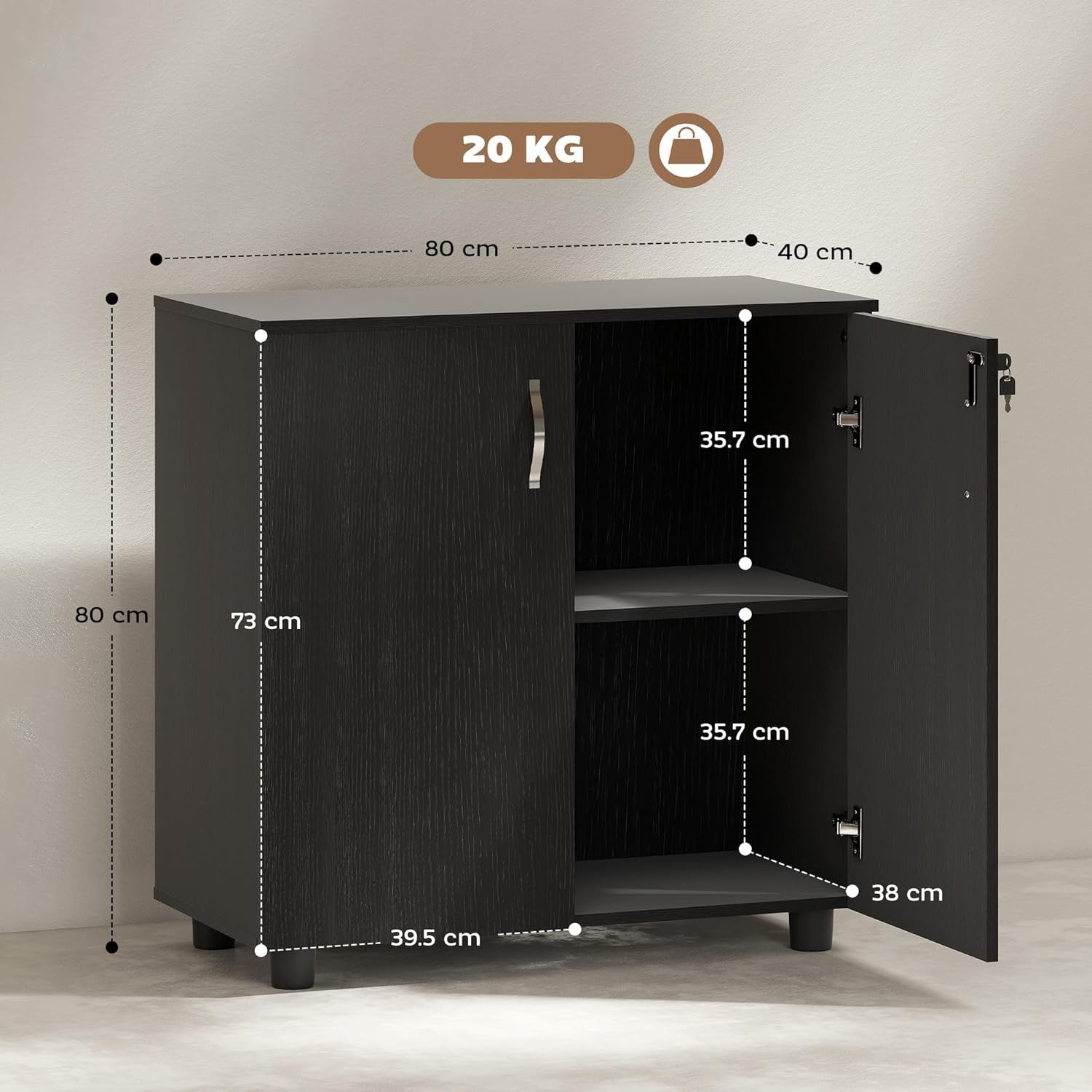 Black Lockable Filing Cabinet Office Storage Cupboard 2 Door 2 Tier Unit