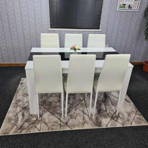 White Black Dining Table Set with 6 Leather Chairs Modern MDF 140cm