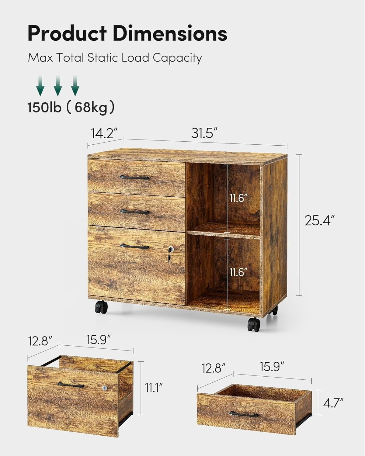 Rustic Brown Mobile Filing Cabinet 80cm Lockable Printer Stand