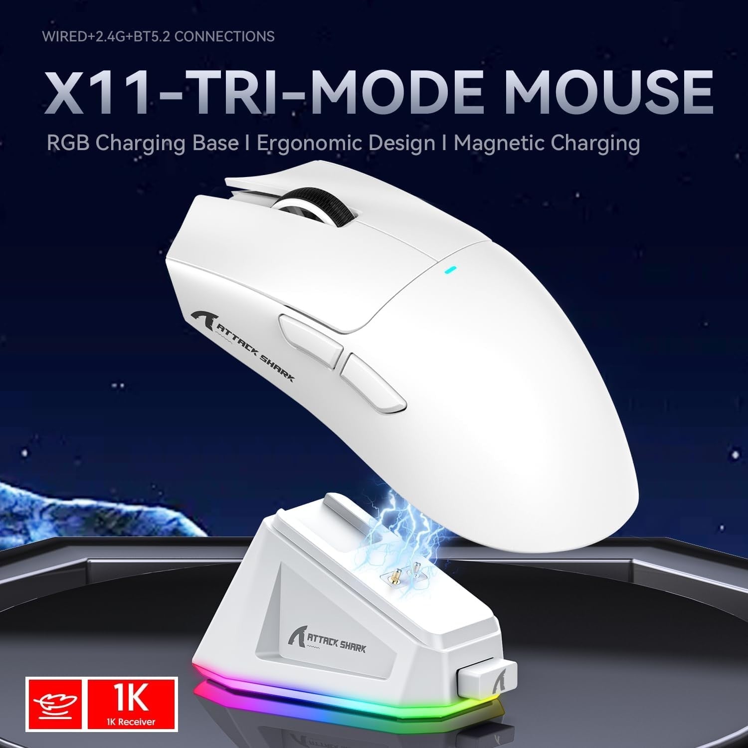 Wireless Gaming Mouse 22000 DPI RGB Dock BT 2.4G USB White