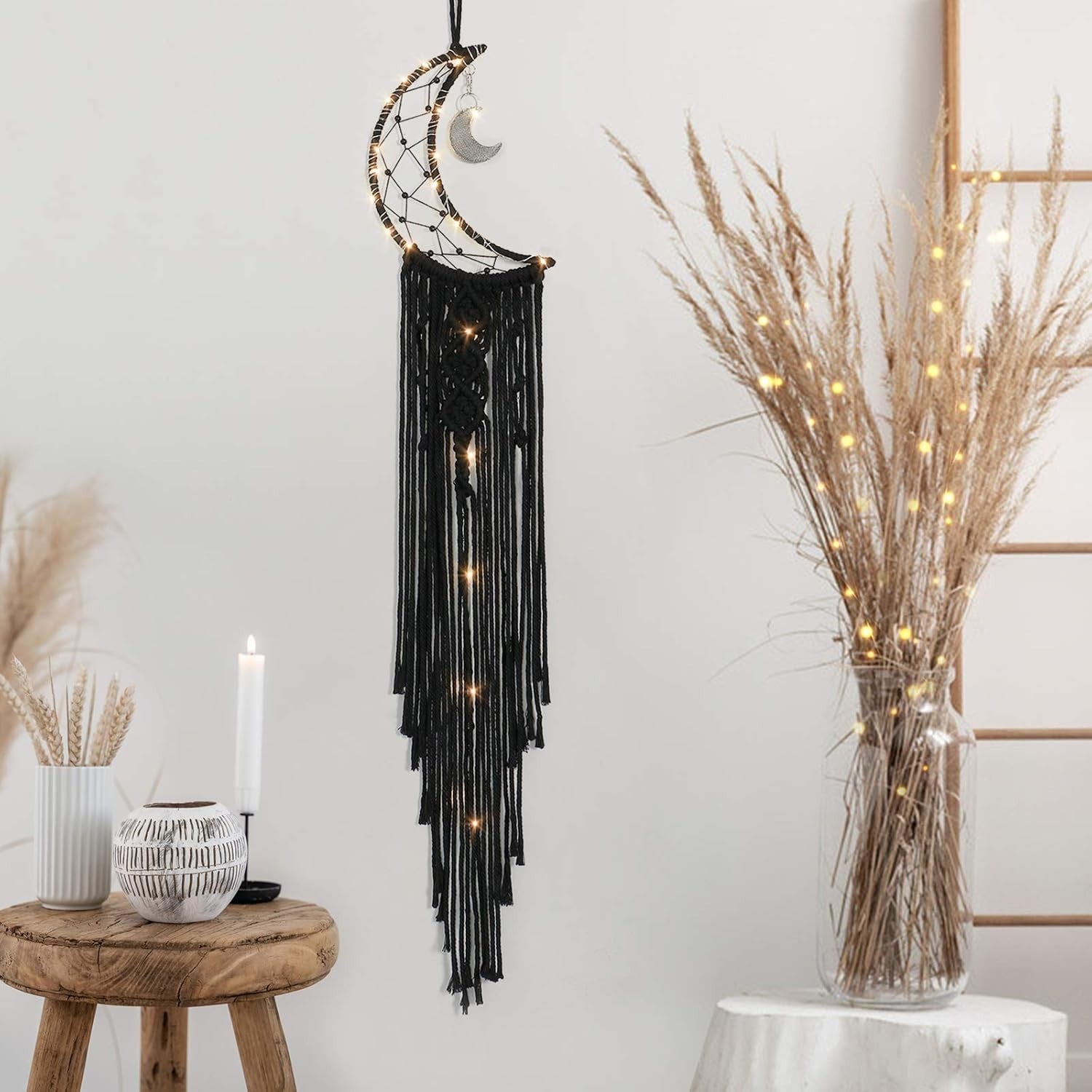 Boho Moon Macrame Wall Hanging 32” Cotton Cord + DIY String Lights