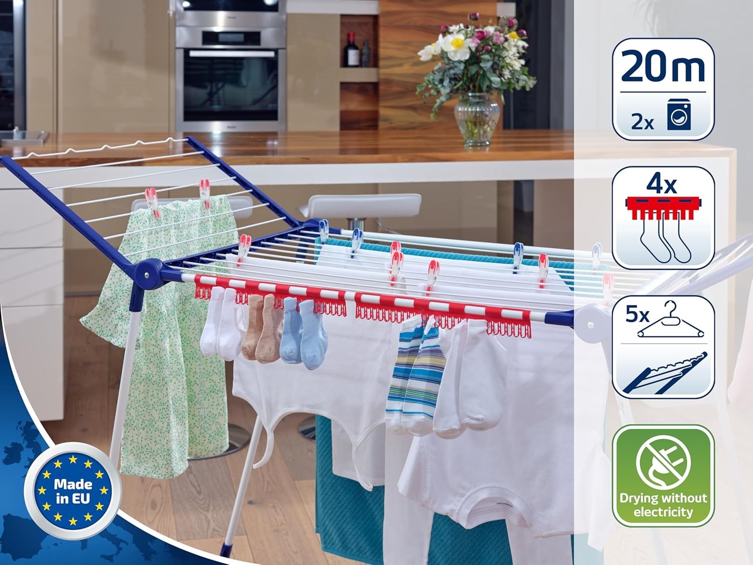 Large 20m Clothes Airer Folding Laundry Drying Rack Indoor Outdoor with Clips