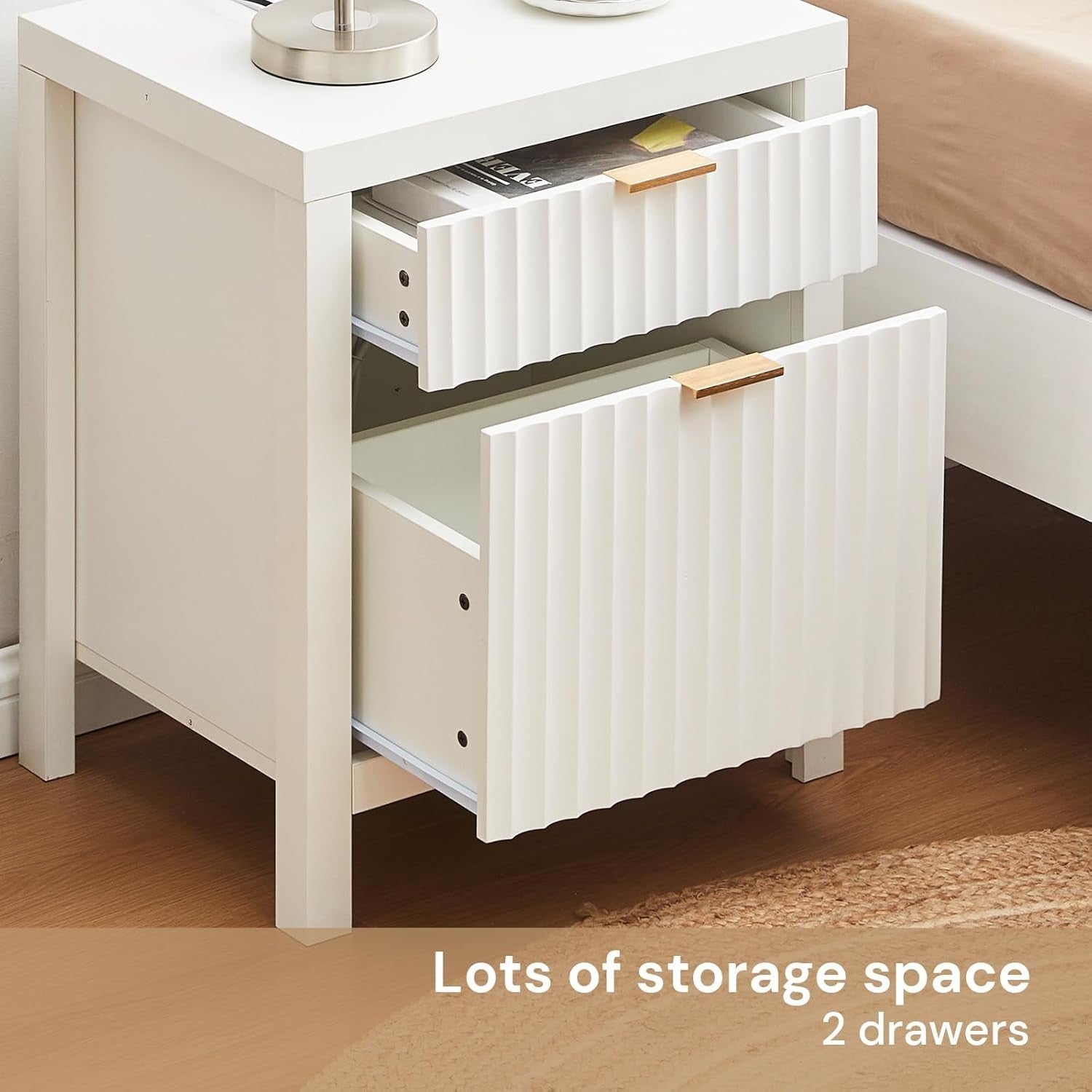 Set of 2 Modern White Bedside Tables with USB Charging Ports, 2 Drawers 60x50cm