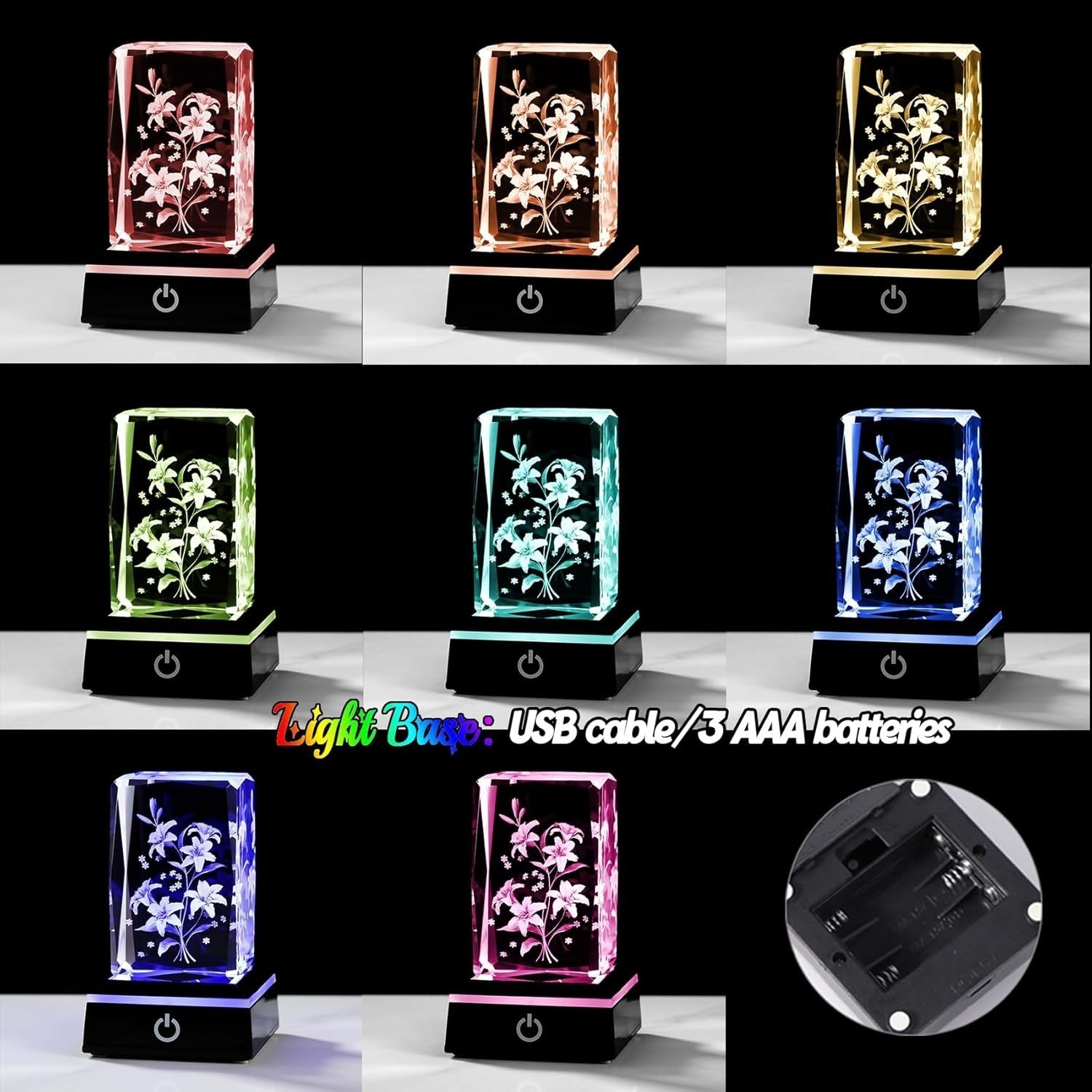 3D Crystal Lily Bouquet LED Light Cube Ornament Gift for Mum Wife Women Birthday