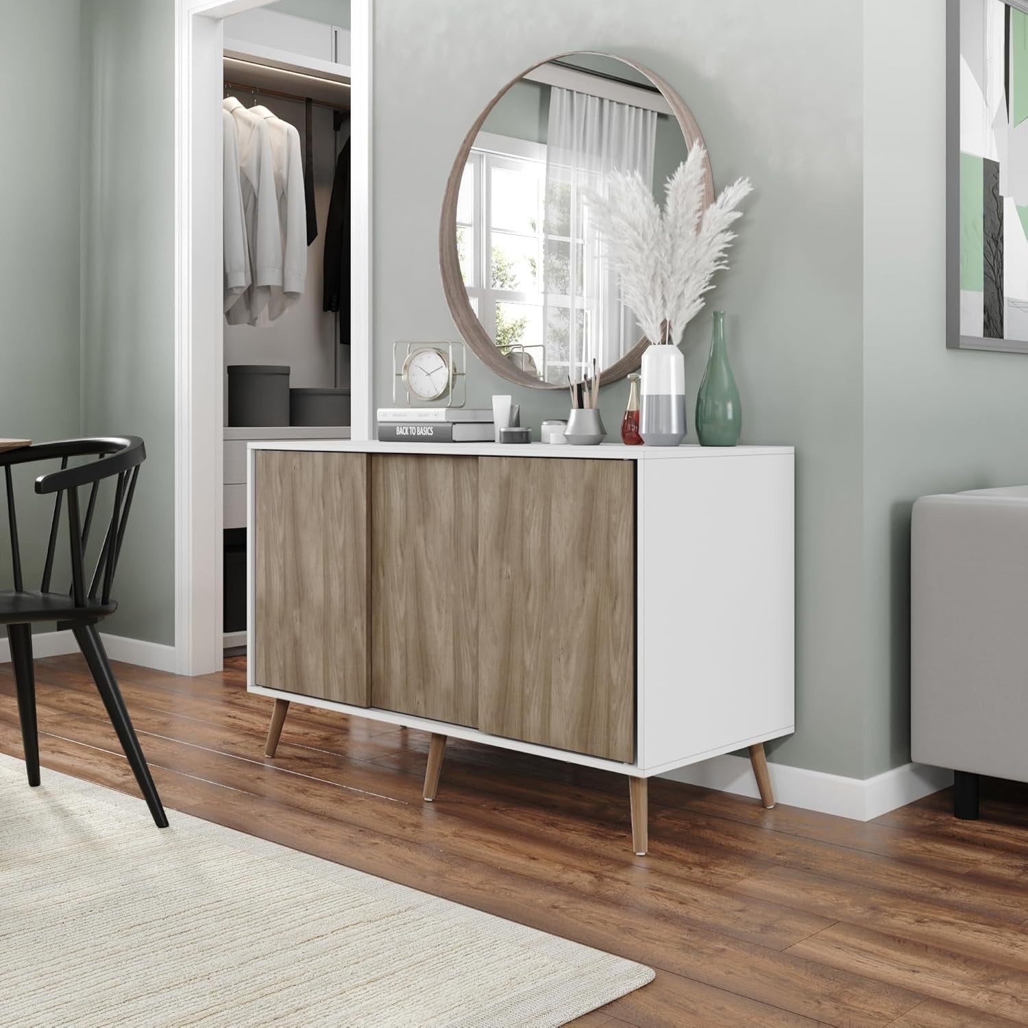 Modern Oak Sideboard Cabinet 3 Door White Storage Unit with Pine Legs