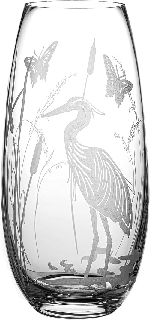 Crystal Glass Flower Vase 25cm Tall Etched Heron Bird Modern Home Décor