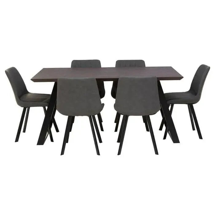 7PC Grey Dining Table Set with Upholstered Chairs – Modern Rectangular
