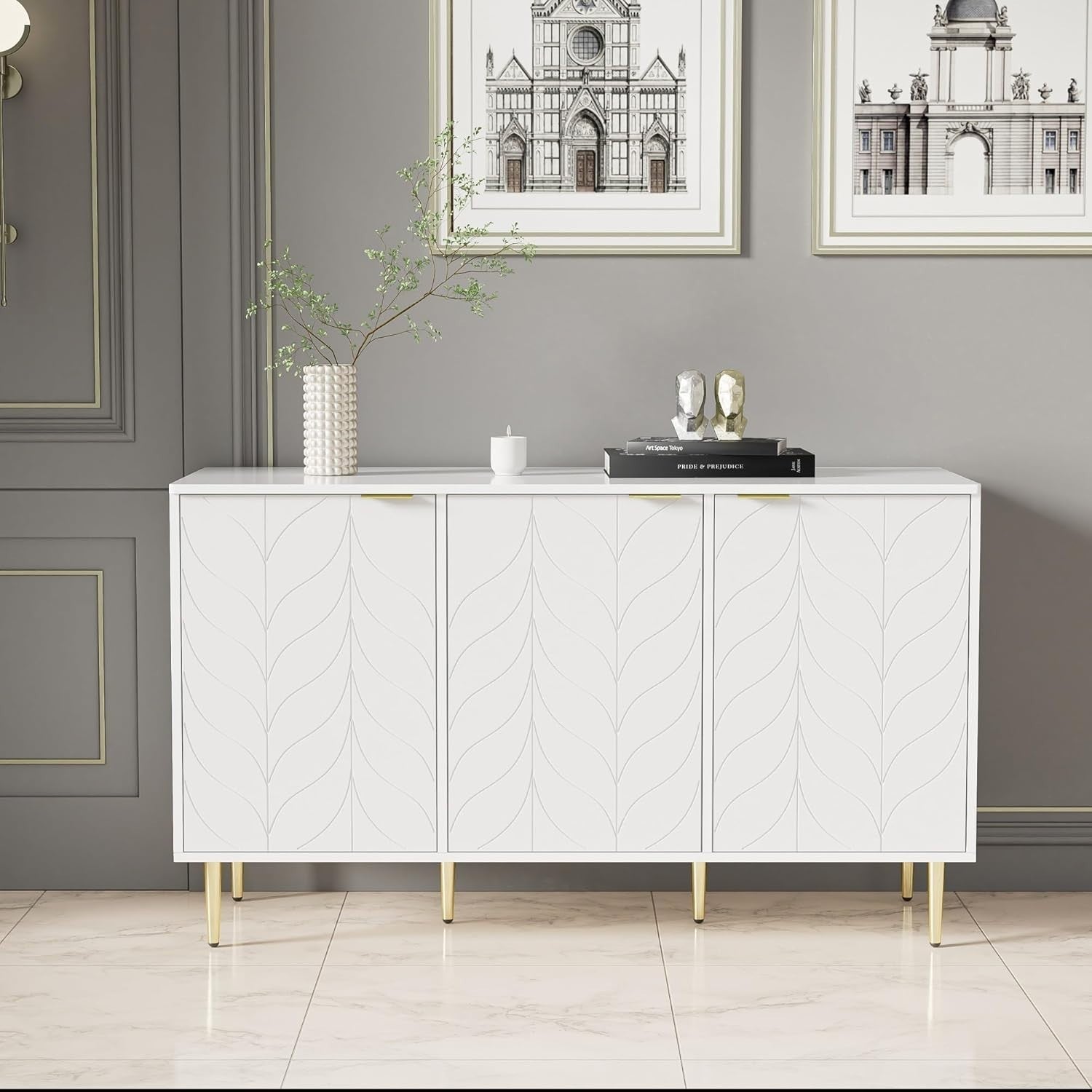 White Sideboard Cabinet 3 Doors Gold Legs Modern Storage Unit 127cm