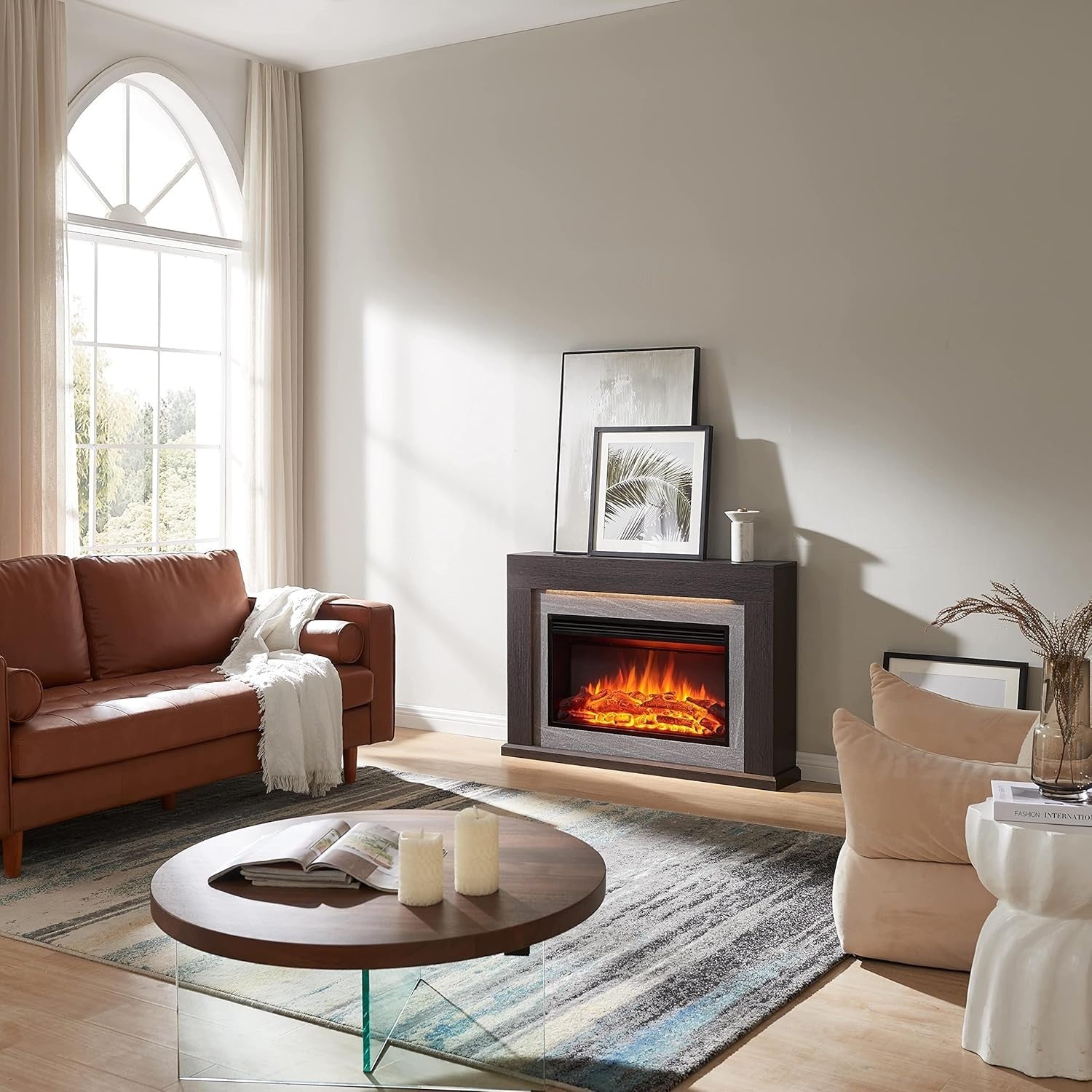 47" Electric Fireplace Heater Oak Surround LED Flame Remote 2kW Modern