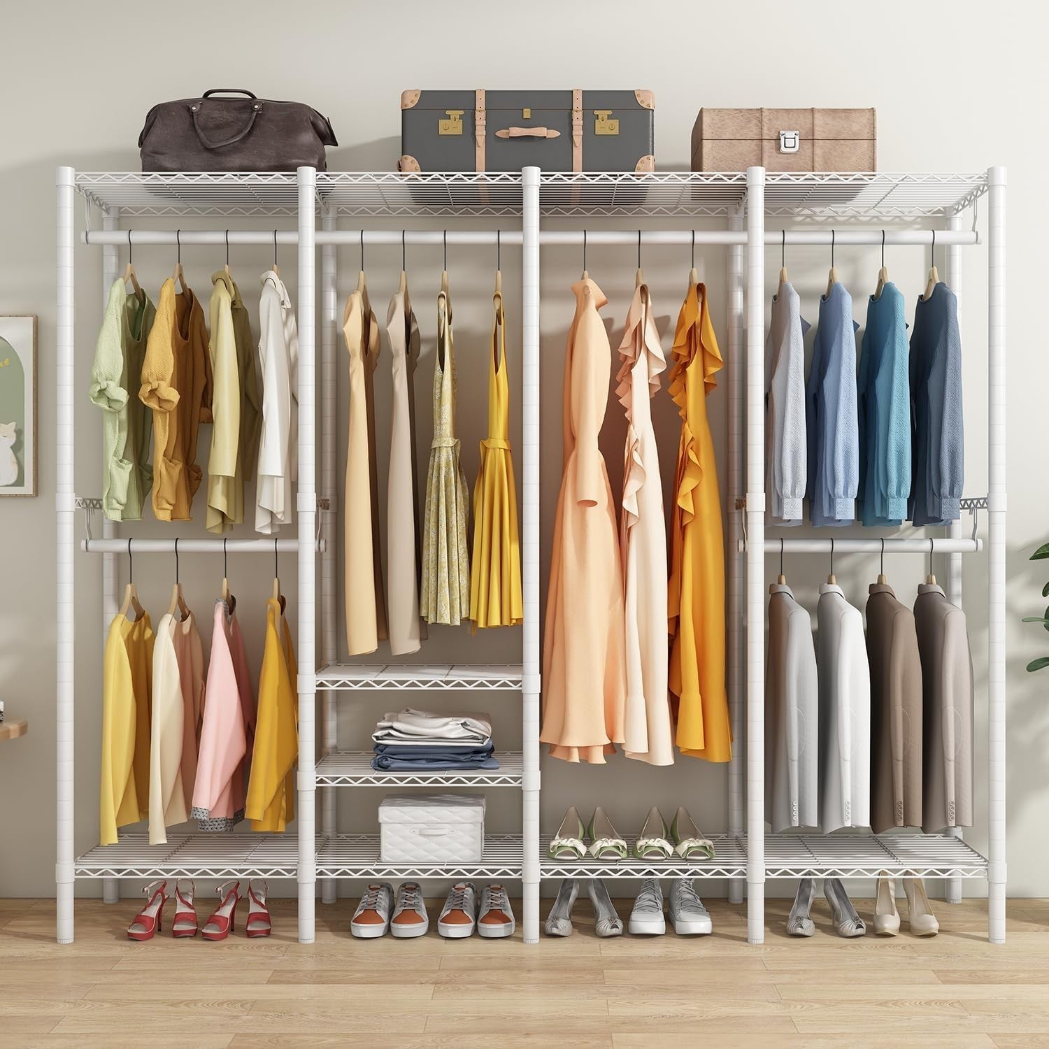 Heavy Duty Clothes Rail 4 Rod Adjustable Shelves Wardrobe White