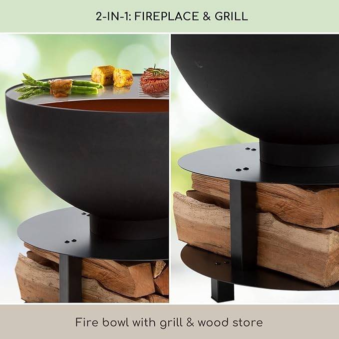 Outdoor Fire Pit BBQ Grill Round Bowl Portable 3-in-1 Garden Heater Table