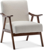 White Bouclé Accent Armchair Retro Wooden Lounge Chair