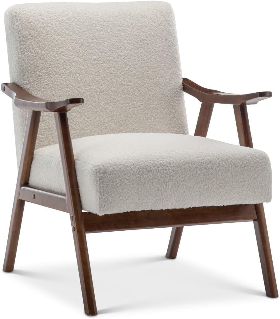White Bouclé Accent Armchair Retro Wooden Lounge Chair