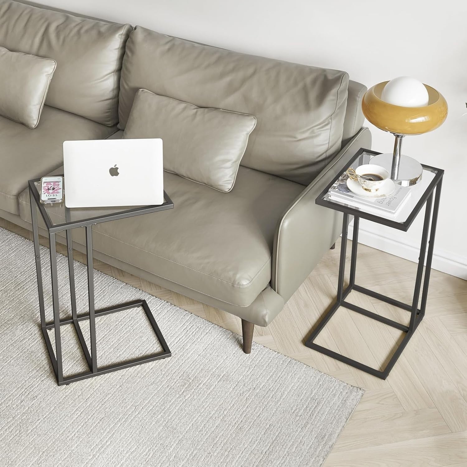 Black C-Shaped Side Table 30x40x63 cm | Tempered Glass Sofa & Bed Table