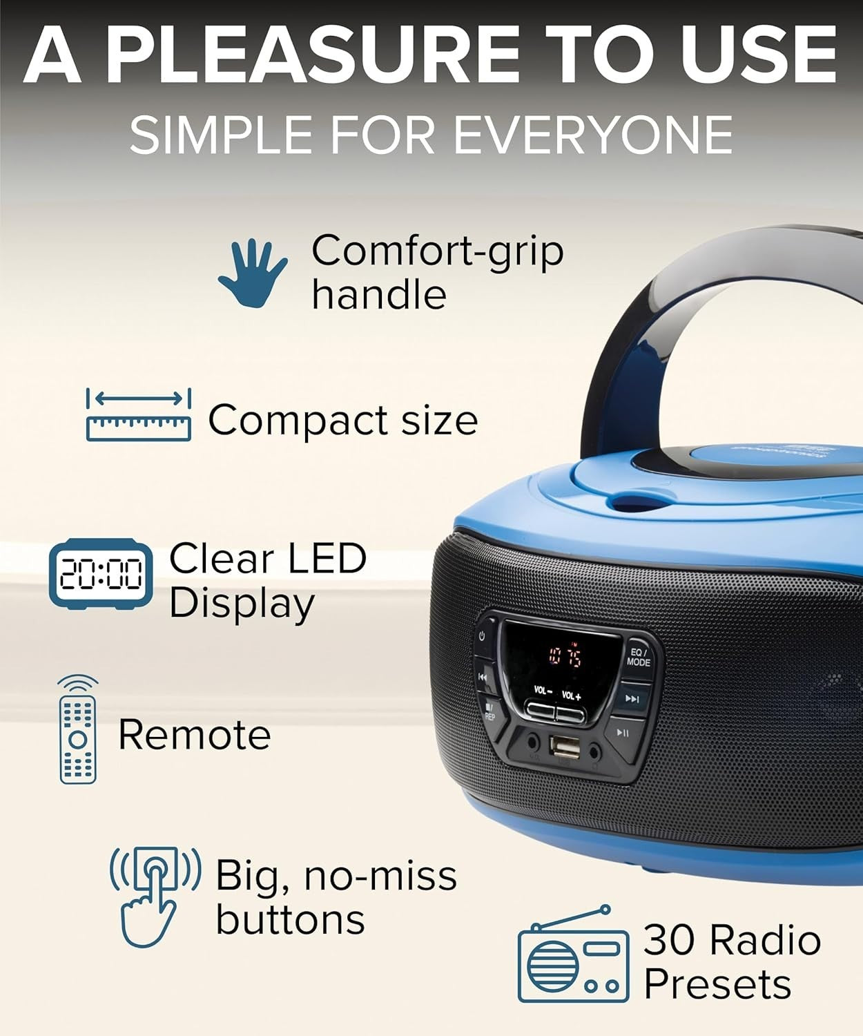 Portable Boombox CD Player FM Radio USB AUX Stereo Speakers Blue