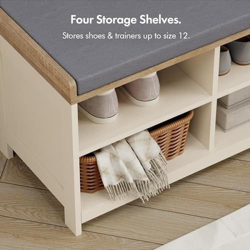 Cream Shoe Storage Bench with Cushion & 4 Shelves – Hallway Entryway Unit