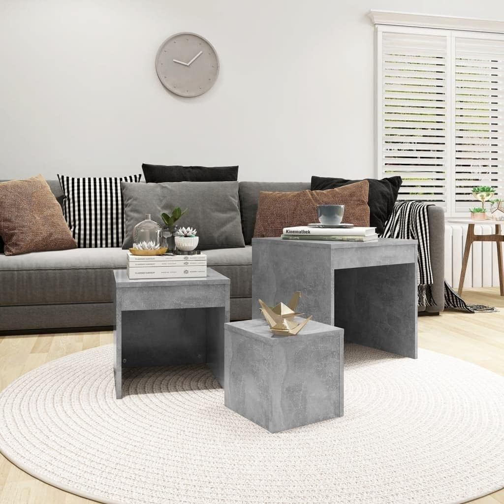 3pc Nesting Tables Set Concrete Grey Industrial End Side Coffee Nightstand