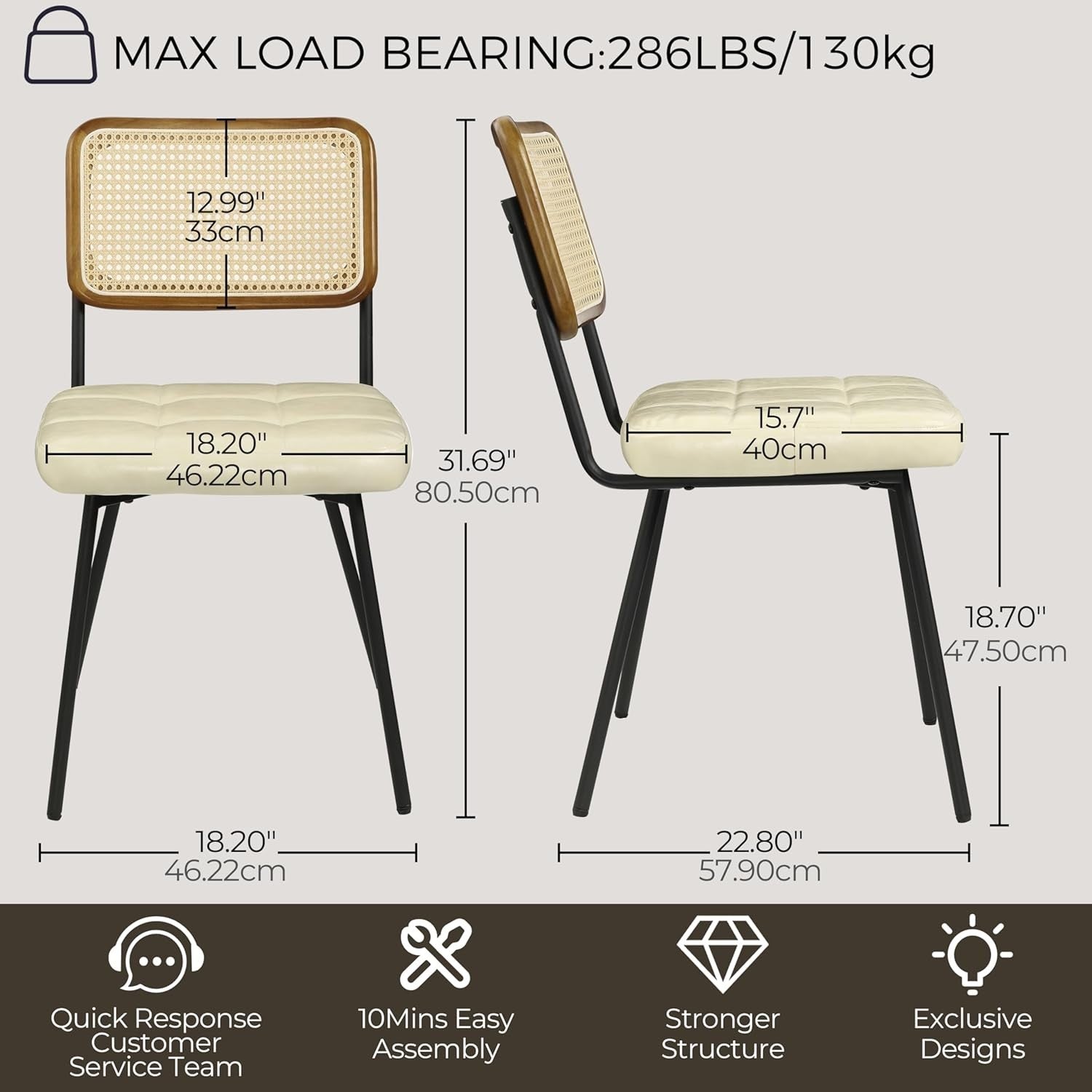 Set of 4 Rattan Dining Chairs Cushioned Cane Back Modern Kitchen Seating Beige
