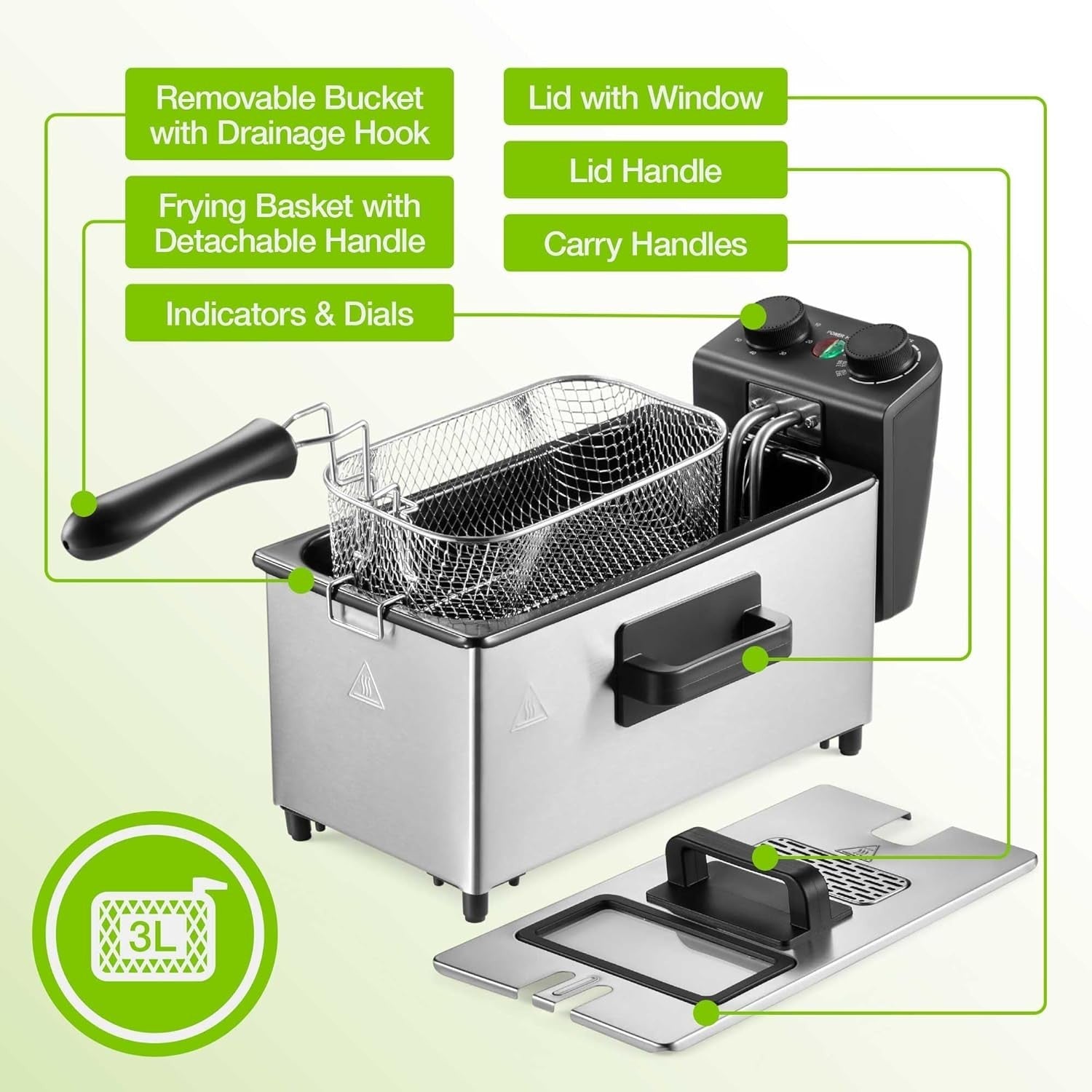 3L Deep Fat Fryer 2000W Stainless Steel | Adjustable Thermostat Easy Clean