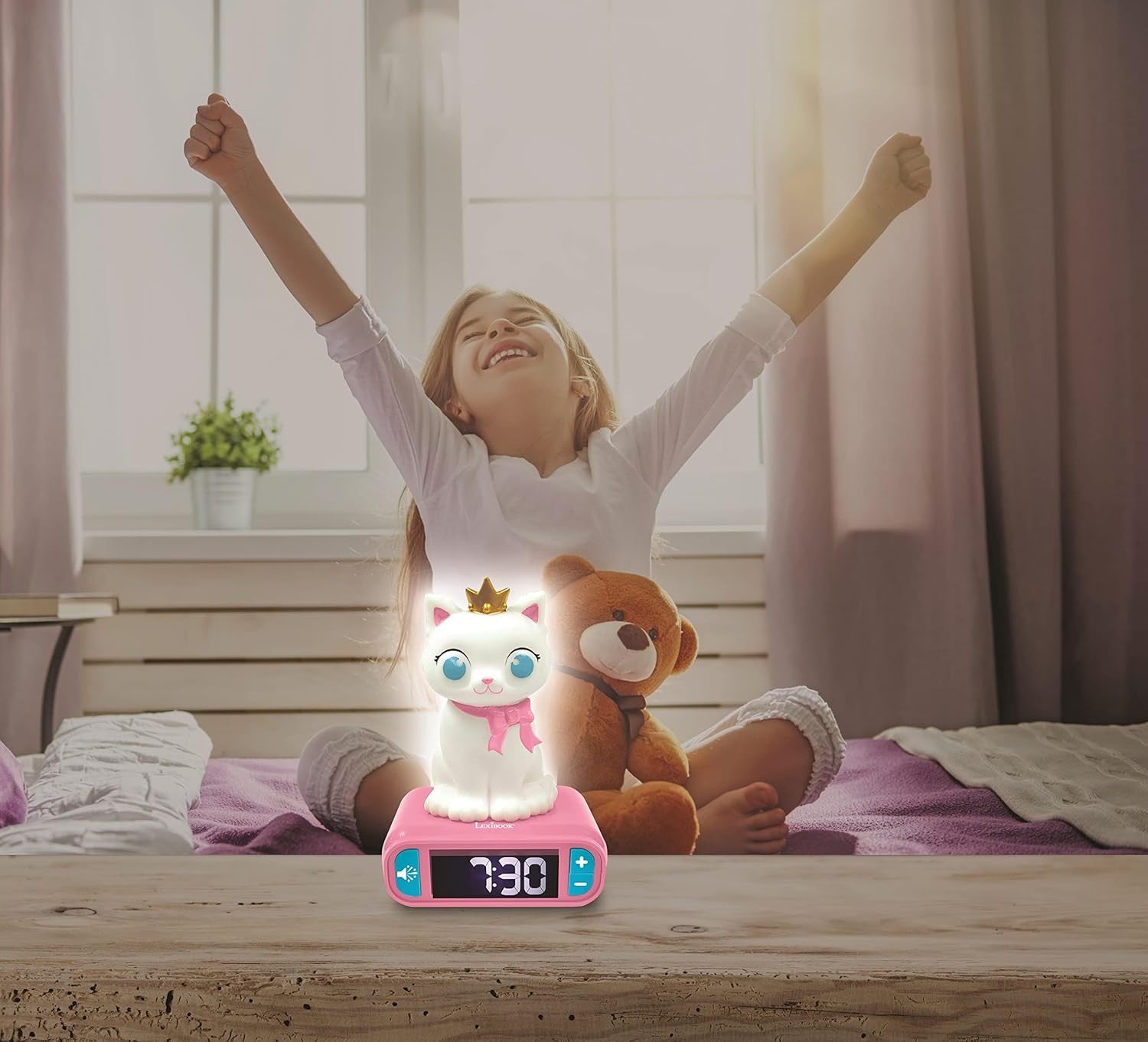 Kids Alarm Clock Night Light Cute Cat Digital LCD Snooze Bedside Clock