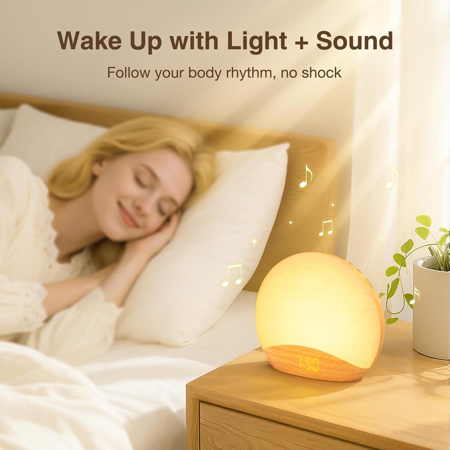 Sunrise Alarm Clock Wake Up Light Bluetooth Speaker FM Radio Wooden Design