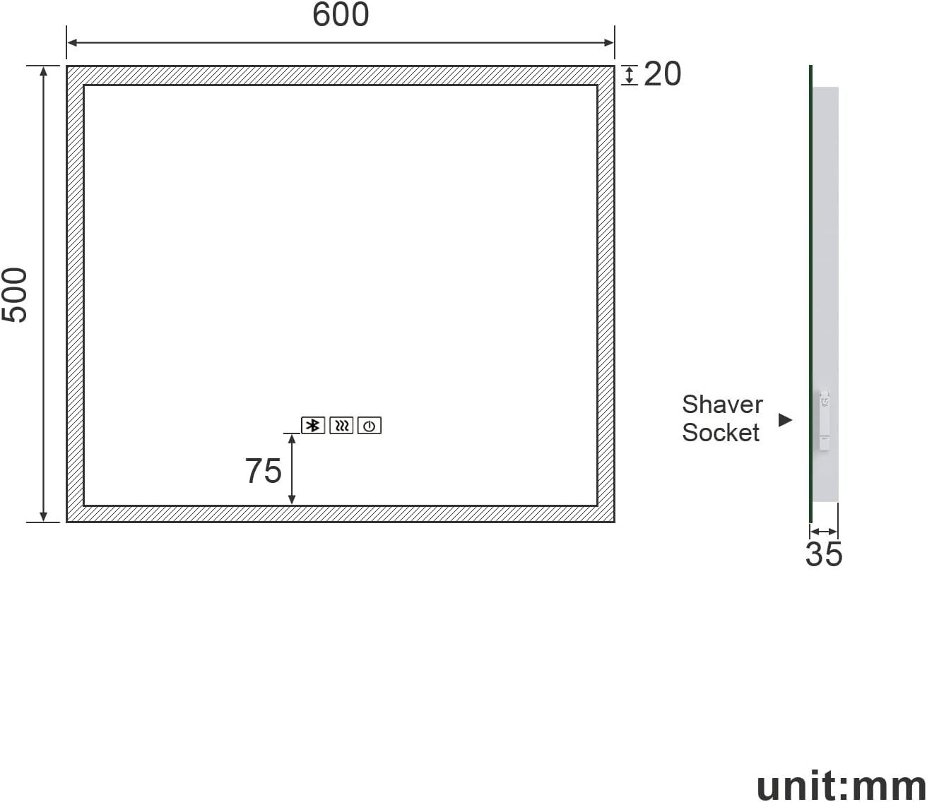 LED Bathroom Mirror Bluetooth Speaker Demister 600x500mm Wall Mounted