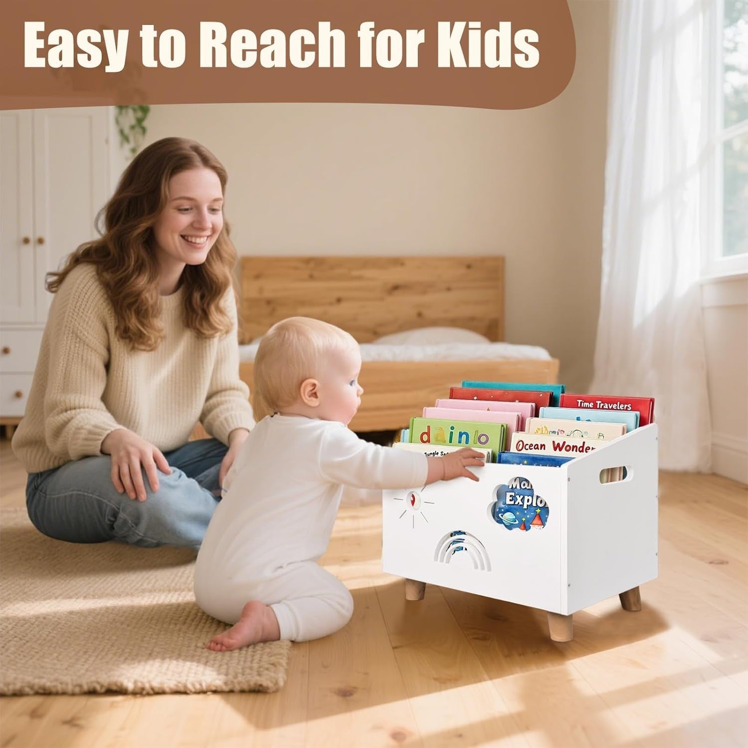 Wood Kids Bookshelf with Adjustable Dividers Montessori Toddler Book Rack