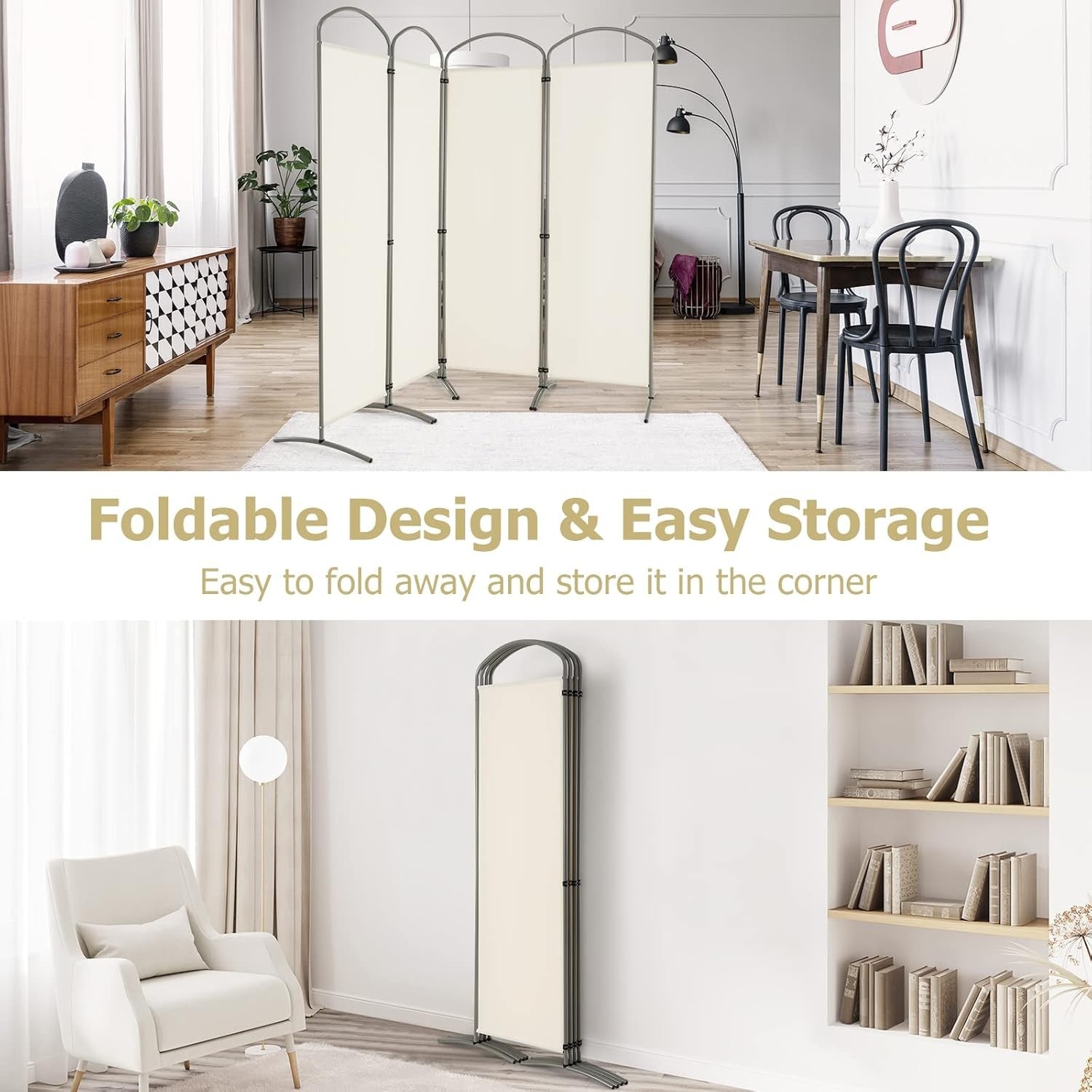 4 Panel Cream Folding Room Divider Privacy Screen for Bedroom Office 188cm High
