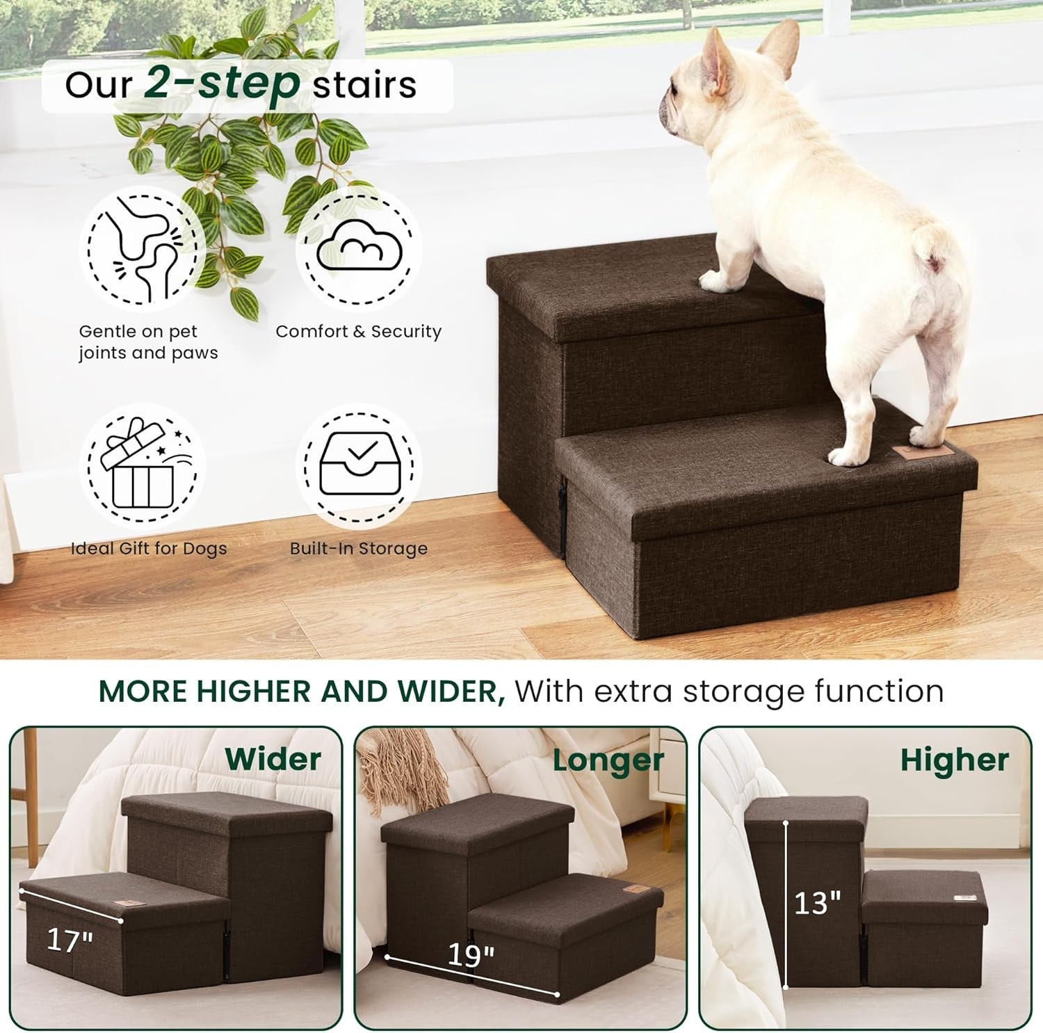 Dog Stairs with Storage 2 Step Foldable Pet Steps Ramp Coffee 13"