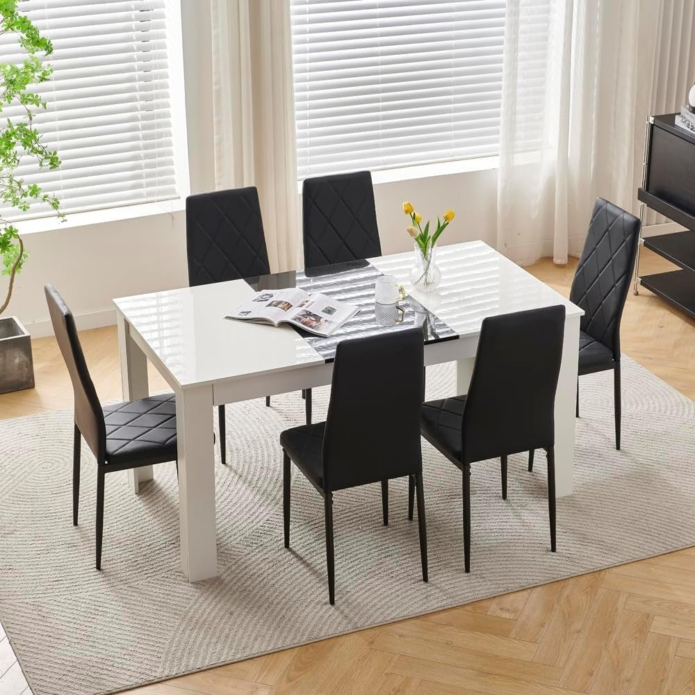 Modern White 7-Piece Dining Table Set with Black Leather Chairs – Space Saving
