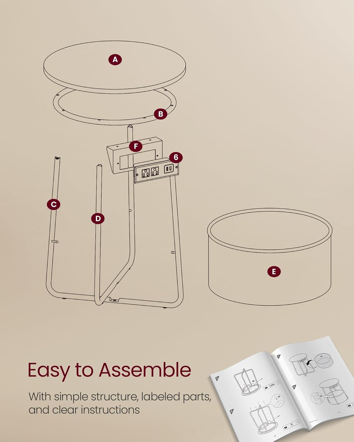Round Side Table with USB Charging Ports, Storage Basket, Modern Bedside Stand