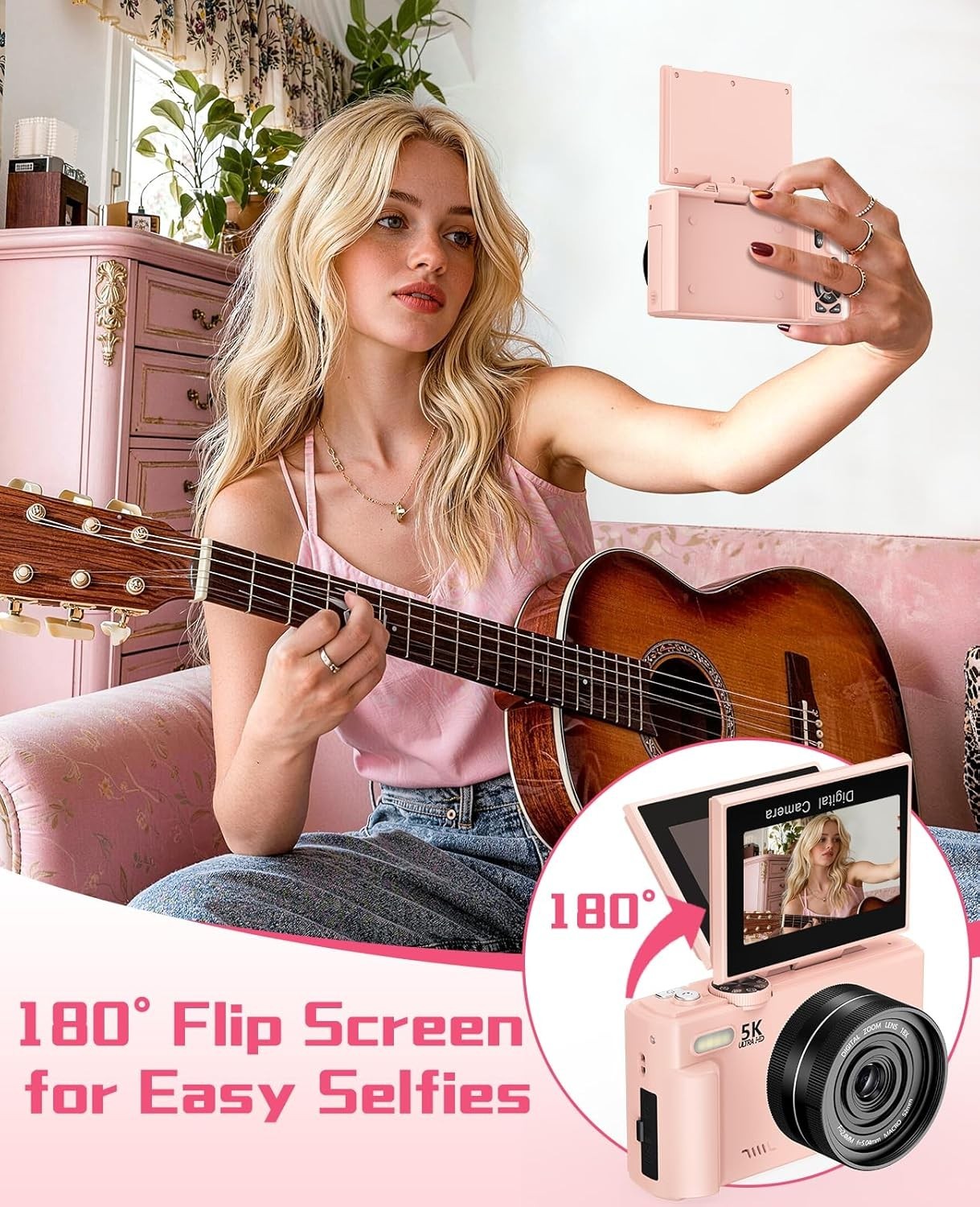 5K 75MP Vlogging Camera WiFi Flip Screen Zoom Camera Pink 64GB