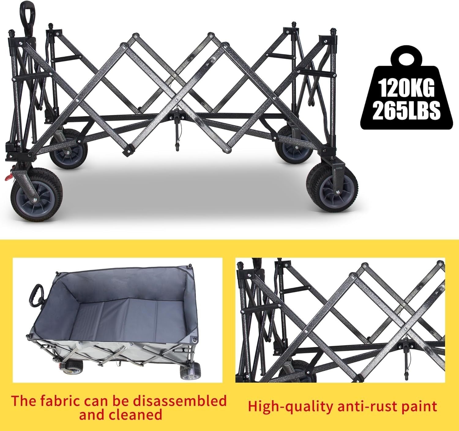 Extra Large 445L Folding Wagon Cart 120kg Load w/ Canopy Brakes All-Terrain Grey