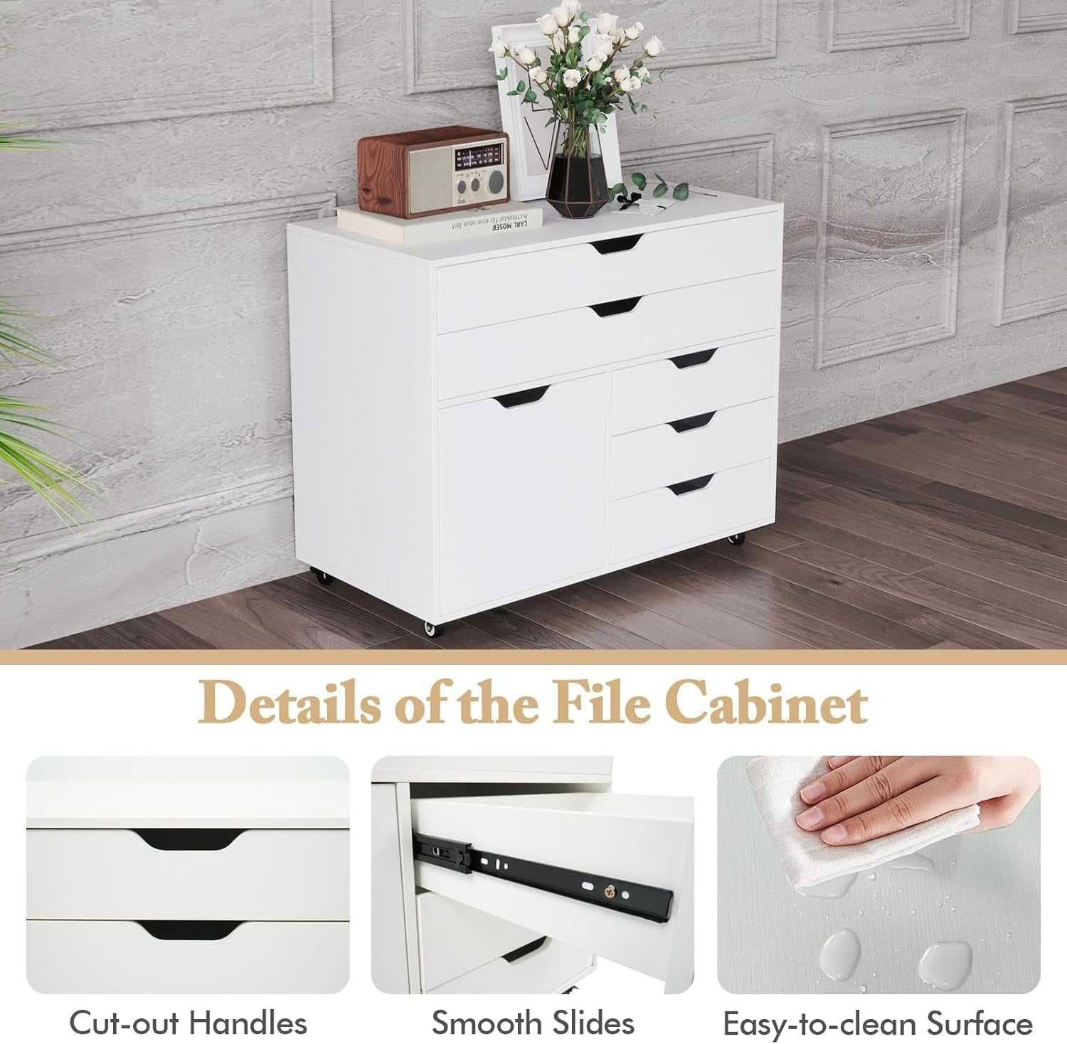 White Mobile File Cabinet 5 Drawer Side Cupboard Rolling Printer Stand