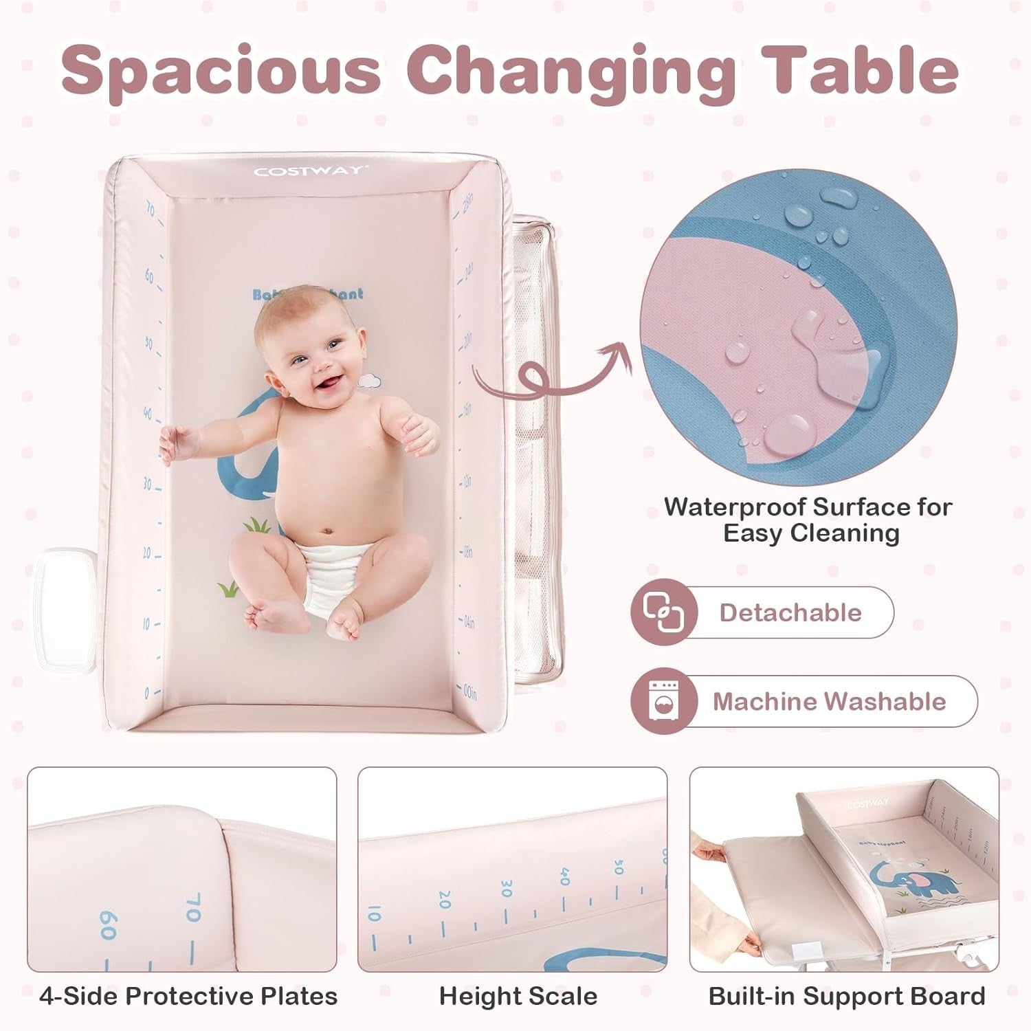 Baby Changing Table Folding Nursery Station with Wheels & Storage Beige