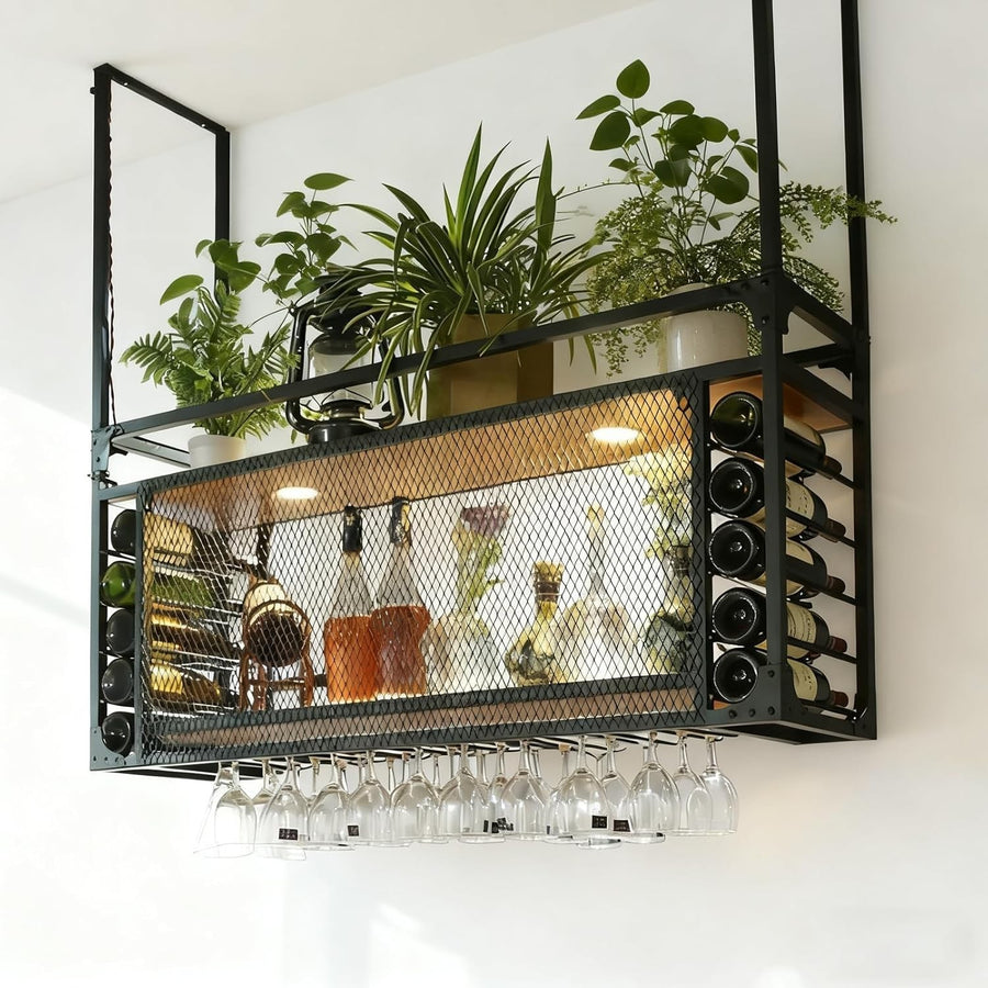 Wall Mounted Wine Rack with Glass Holder Shelf Modern Metal Hanging Bar Storage
