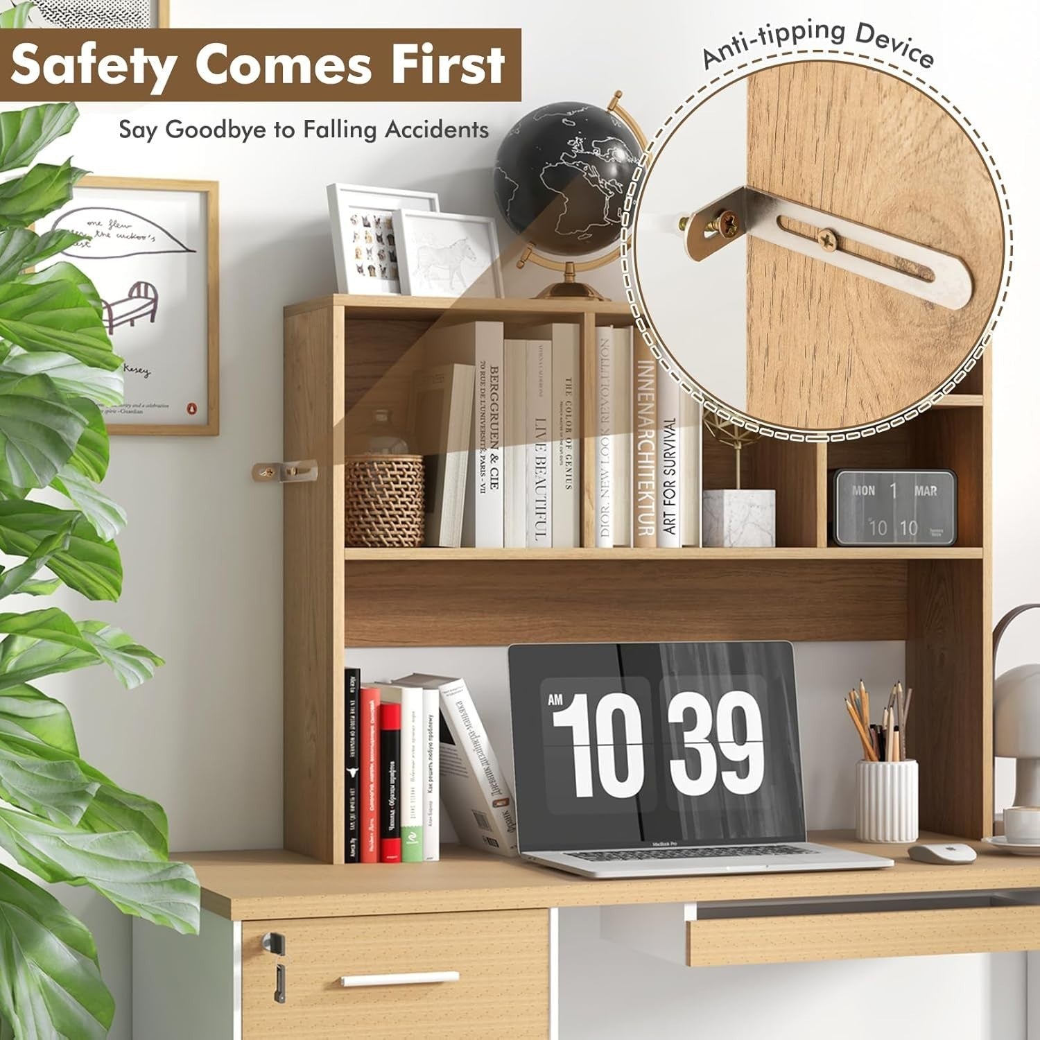94cm Natural Desk Hutch – 4-Compartment Wooden Desktop Bookshelf Organizer