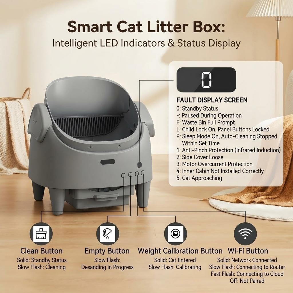 Self Cleaning Cat Litter Box APP Monitor Auto Open Top Grey XL
