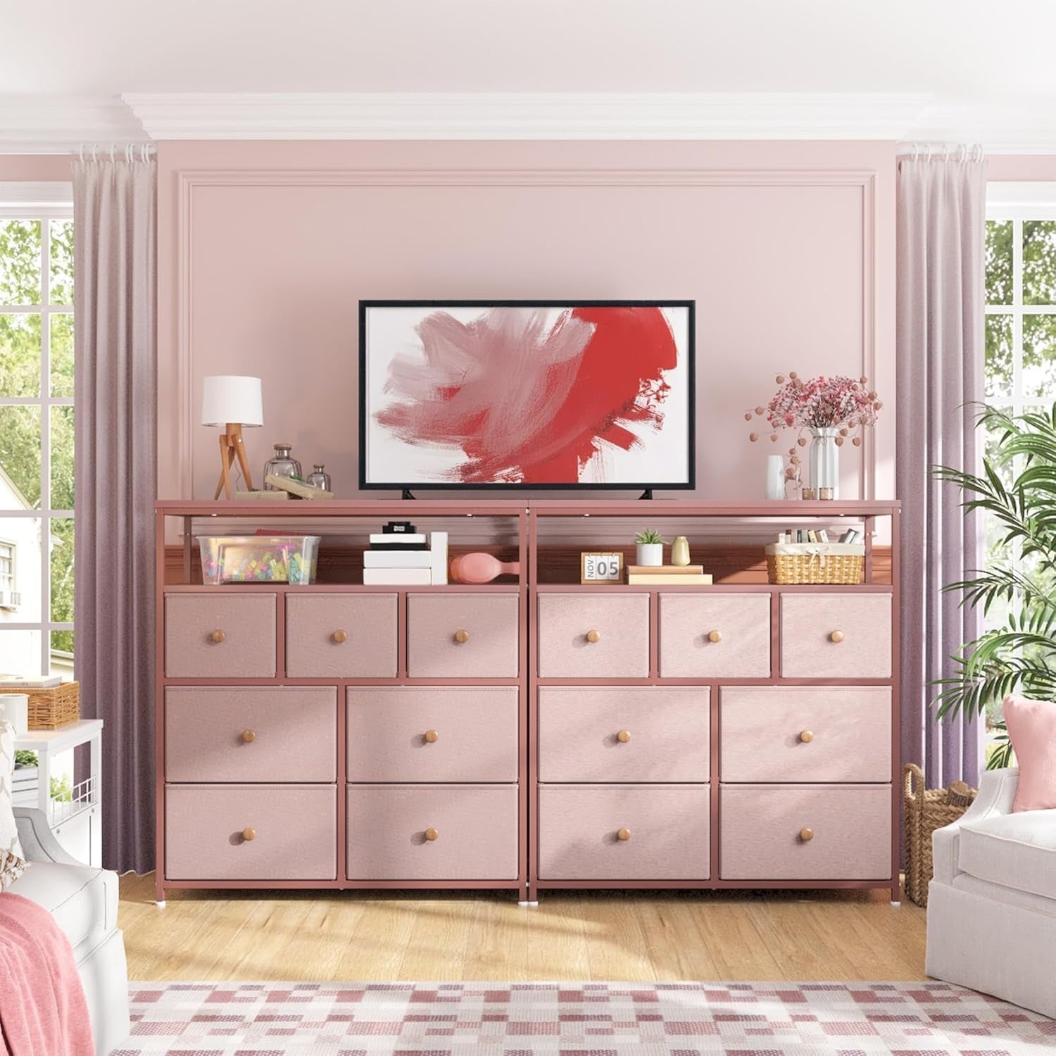 Tall Pink Chest of Drawers Fabric Storage Unit 7 Drawer Bedroom Organiser