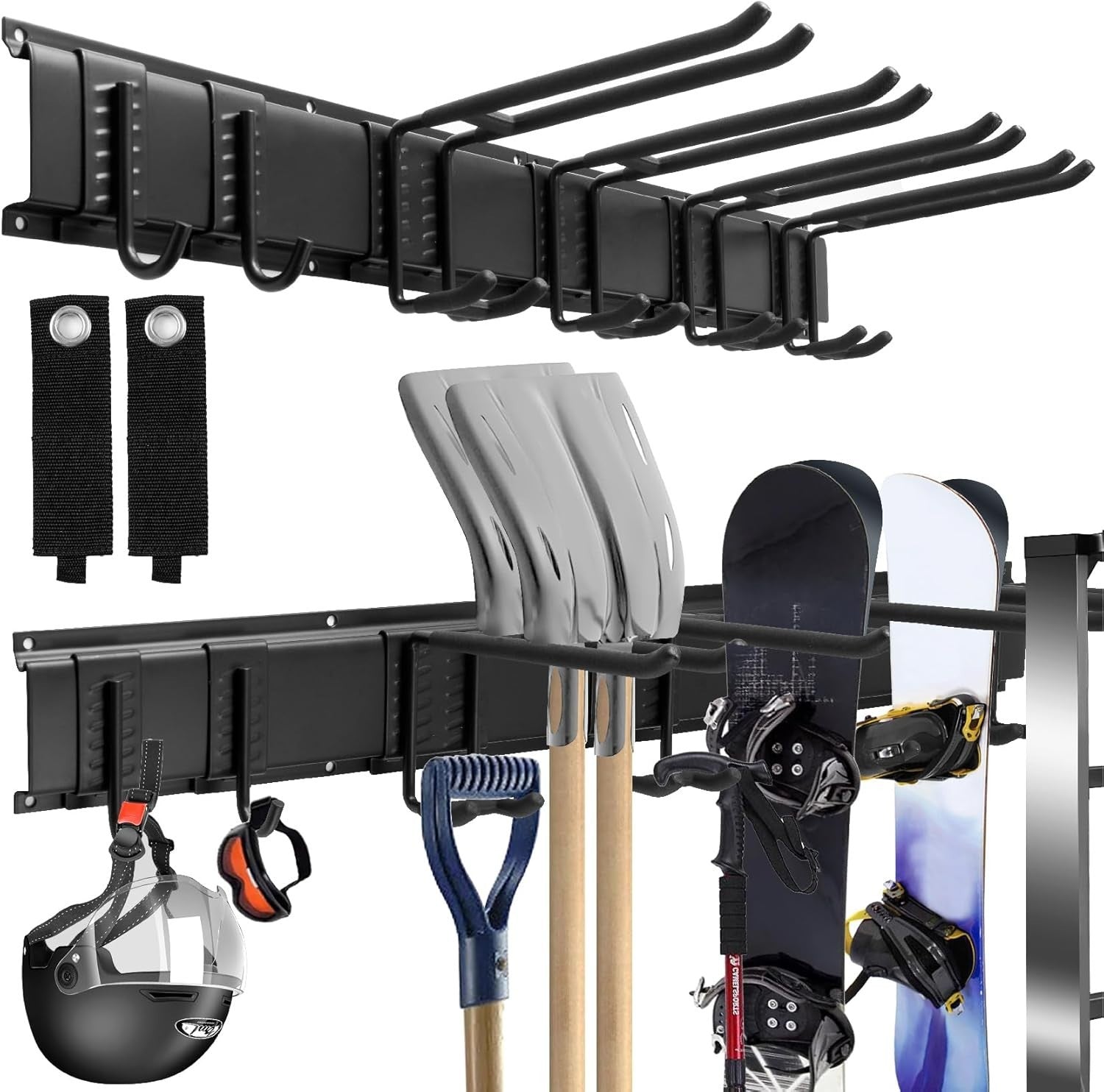 Garage Tool Rack Wall Mounted 6 Adjustable Hooks Heavy Duty Steel Black