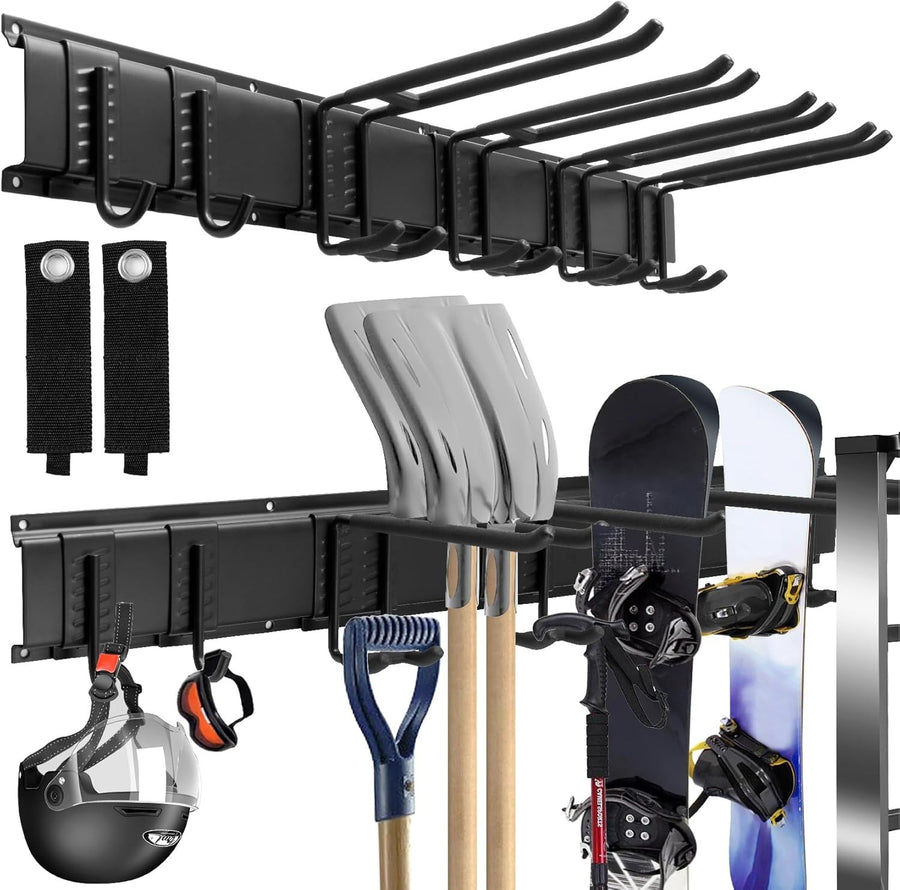 Garage Tool Rack Wall Mounted 6 Adjustable Hooks Heavy Duty Steel Black