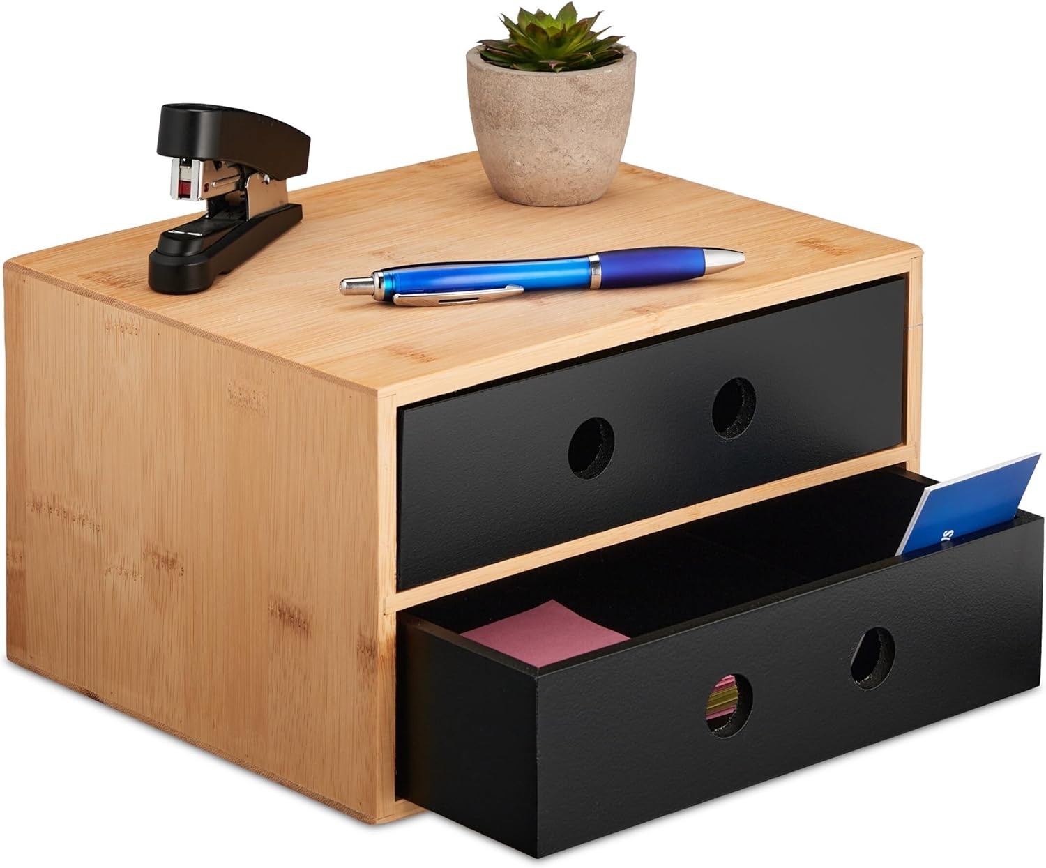 Desk Organiser with 2 Drawers Bamboo Storage Box for Office & Home
