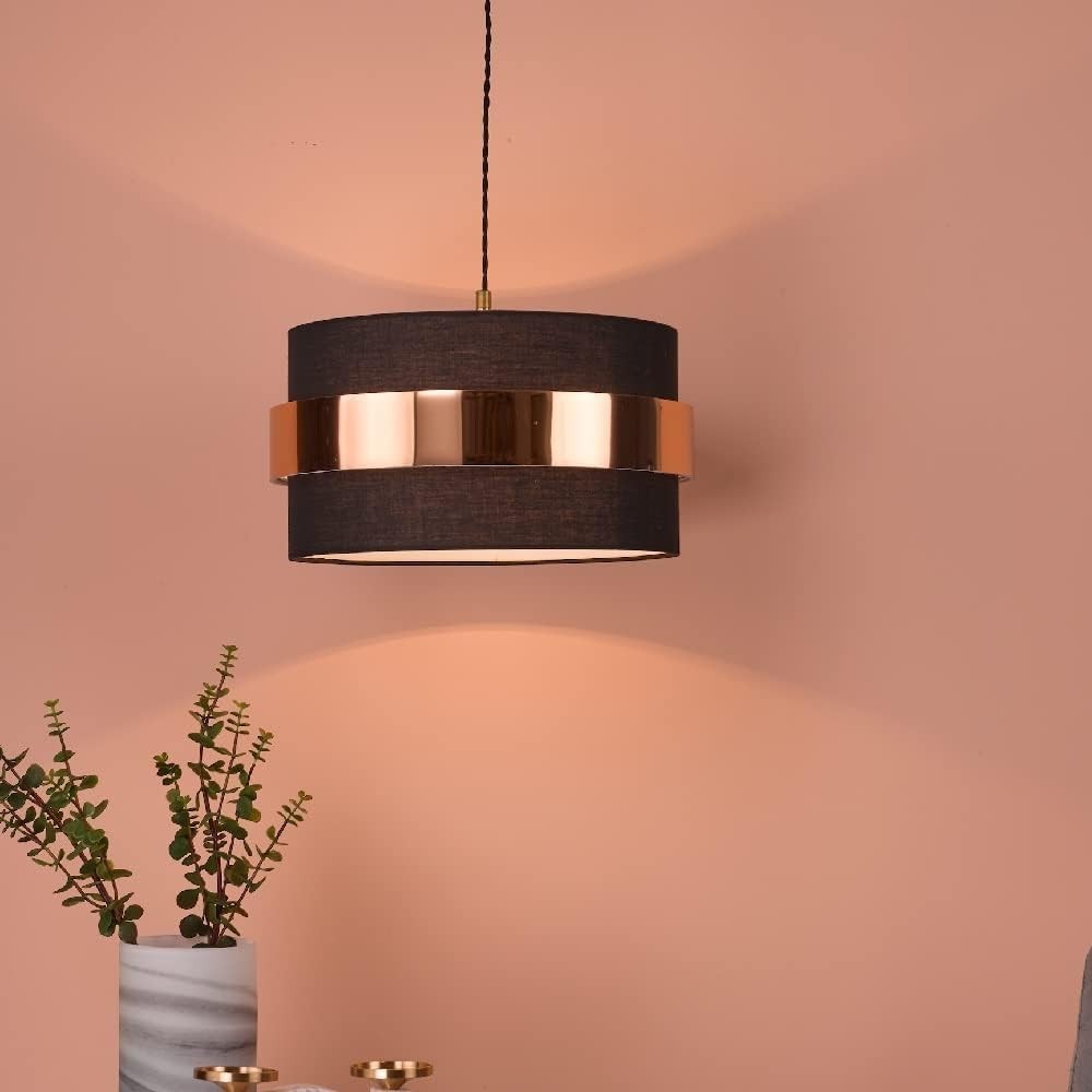 Navy Blue Drum Pendant Lampshade Copper Band Easy Fit Ceiling Shade 38cm