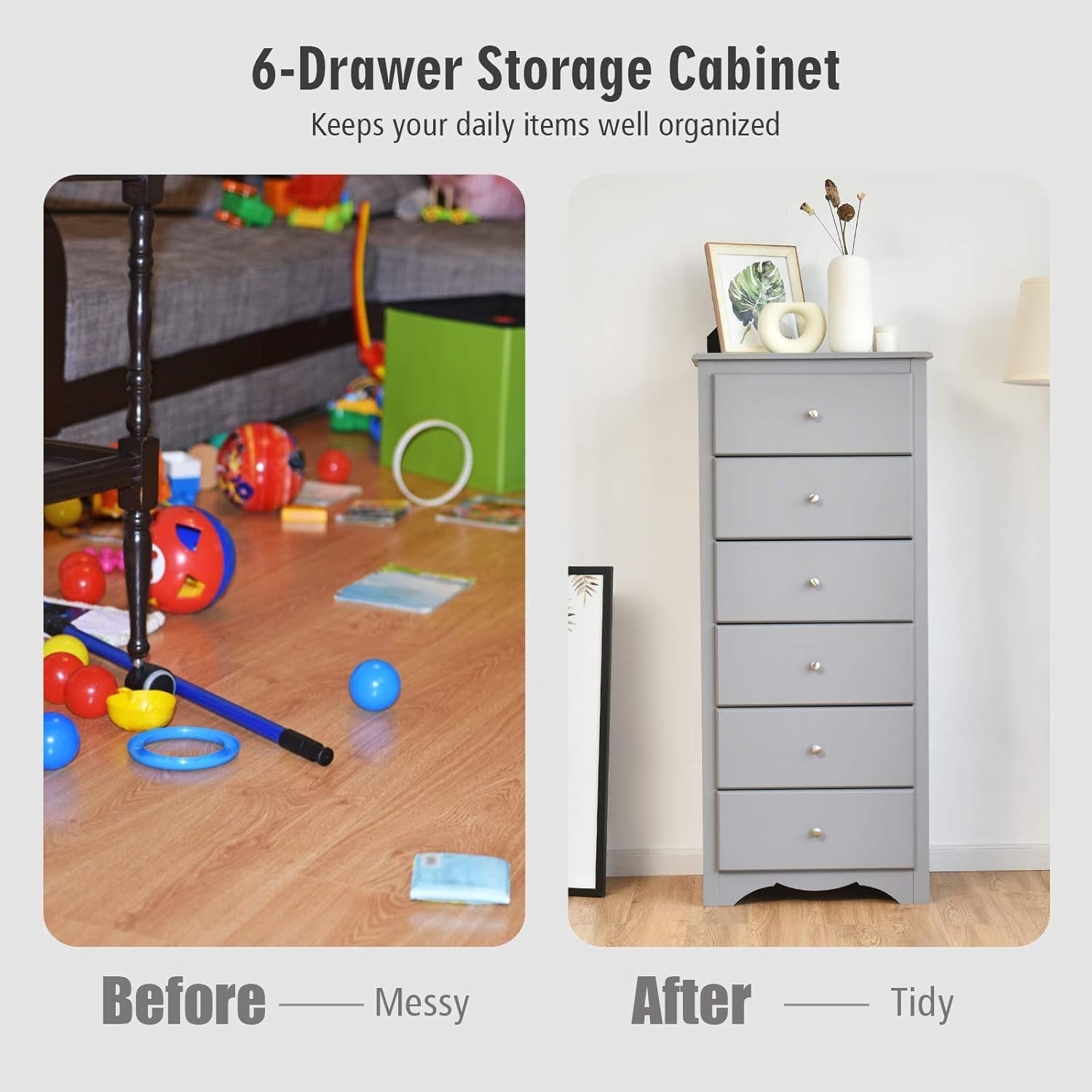 6-Drawer Tall Narrow Dresser Cabinet for Bedroom Storage Organizer Grey