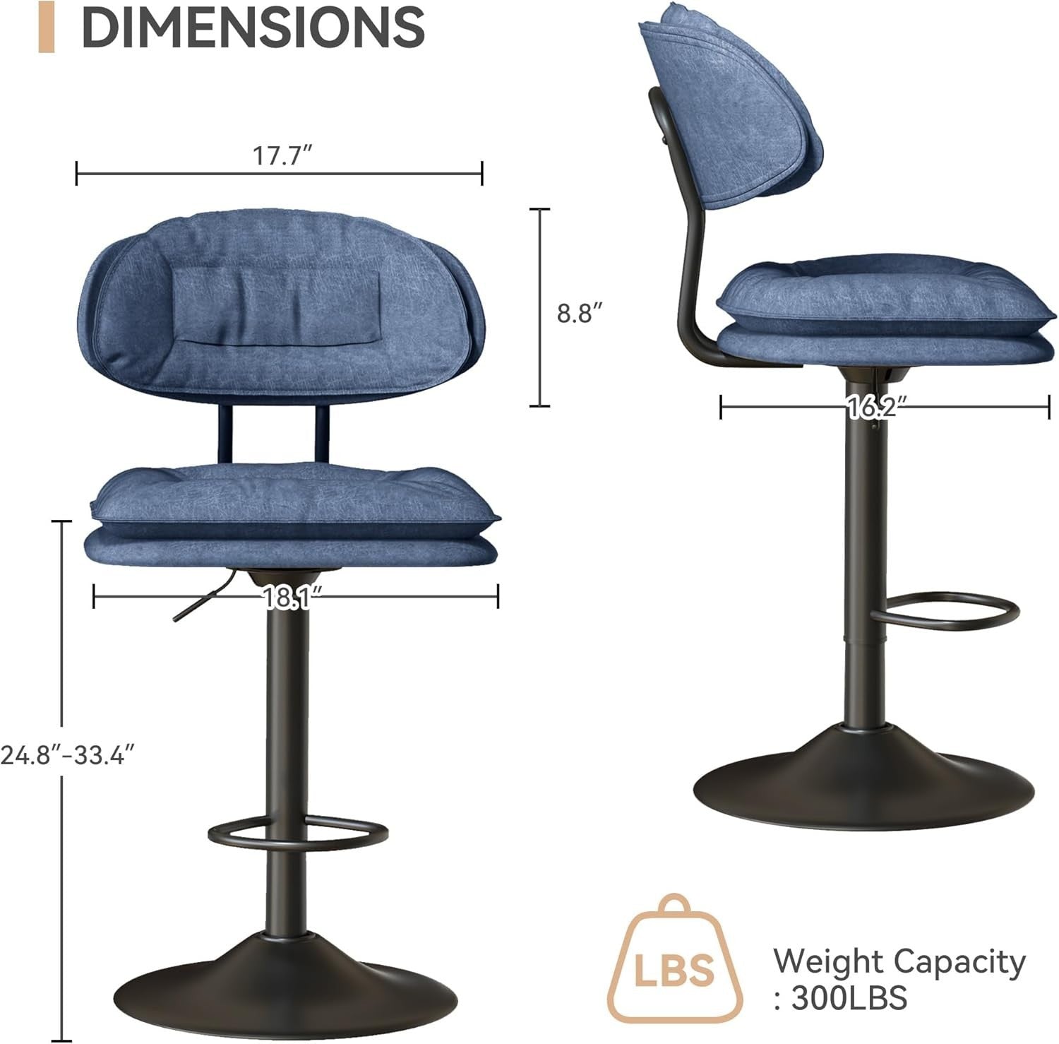Adjustable Swivel Bar Stools Set of 2 | Blue Faux Leather Counter Height