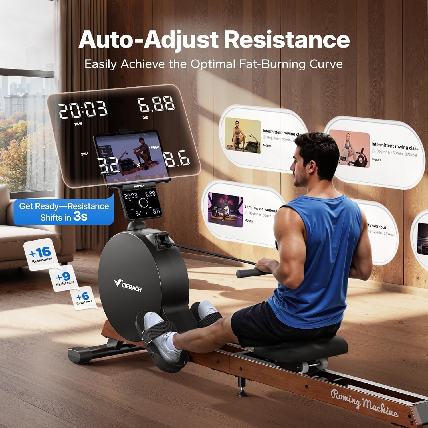 Self-Generated Rowing Machine 60kg Peak Resistance Dual Wooden Rail LED Smart