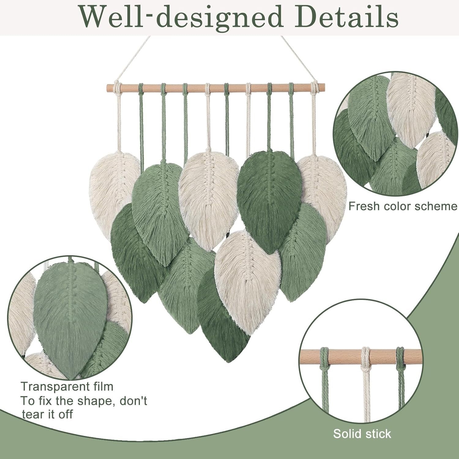 Small Macrame Wall Hanging Boho Leaf Woven Decor Green